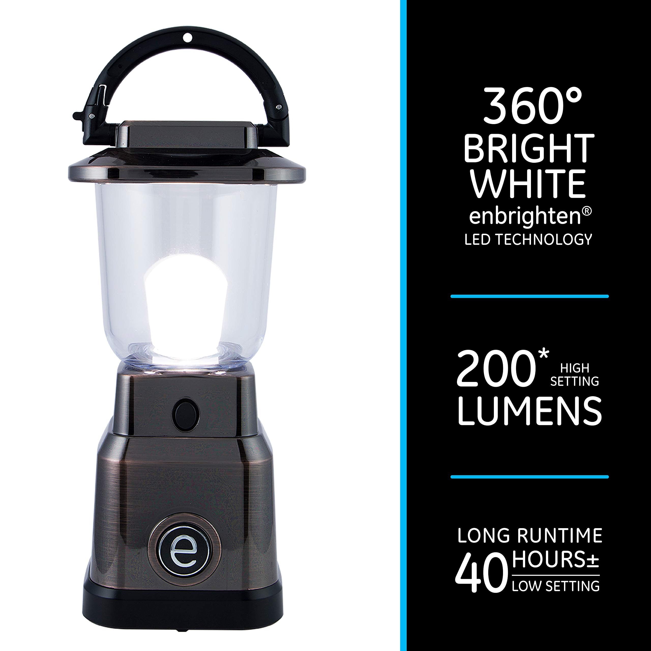 Enbrighten LED Mini Lantern, Battery Operated, Bright White, 200 Lumens, 40 Hour Runtime, 3 Light Levels, Ideal for Outdoors, Camping, Hurricane, Storm, Tornado & Emergency, Bronze, 36578