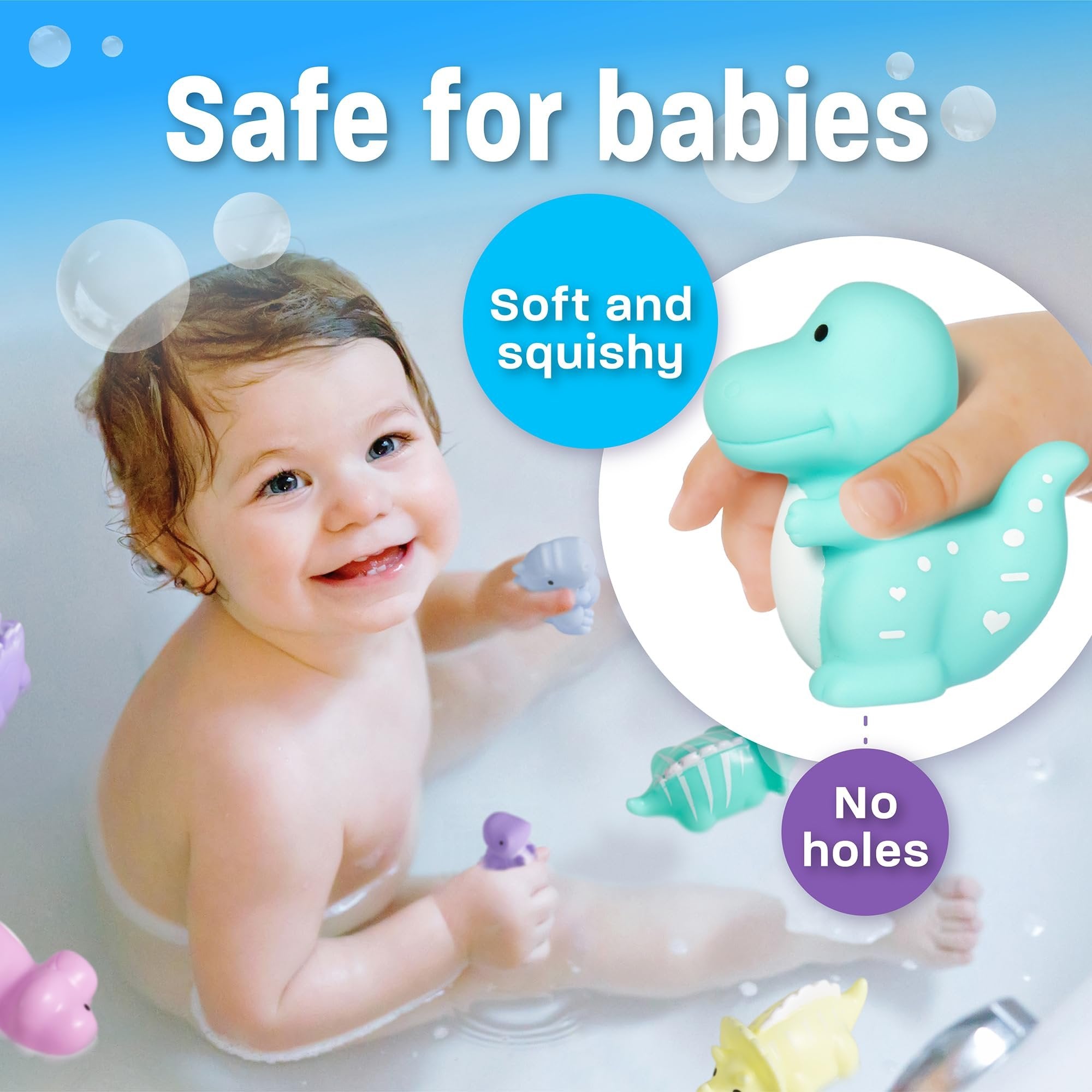 Maplefield 12-Pack No Hole Dinosaur Bath Toys for Kids 2-4 Easy-to-Clean - Cute Pastel Color - Makes Bath Time Enjoyable - Helps Develop Motor Skills - 5 Different Species