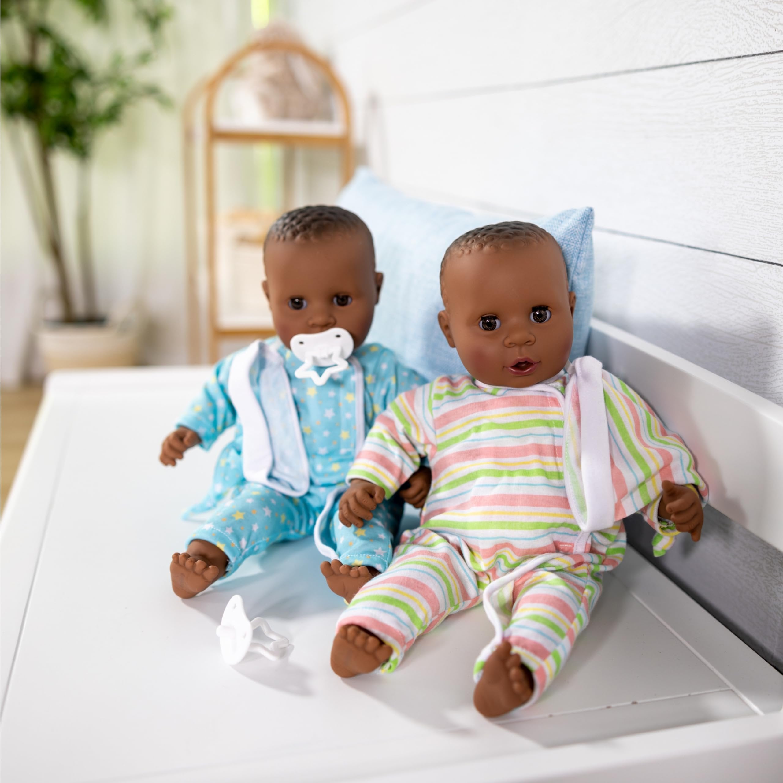 Melissa & Doug Mine to Love Twins Tyler & Taylor 15” Dark Skin-Tone Boy and Girl Baby Dolls with Rompers, Caps, Pacifiers