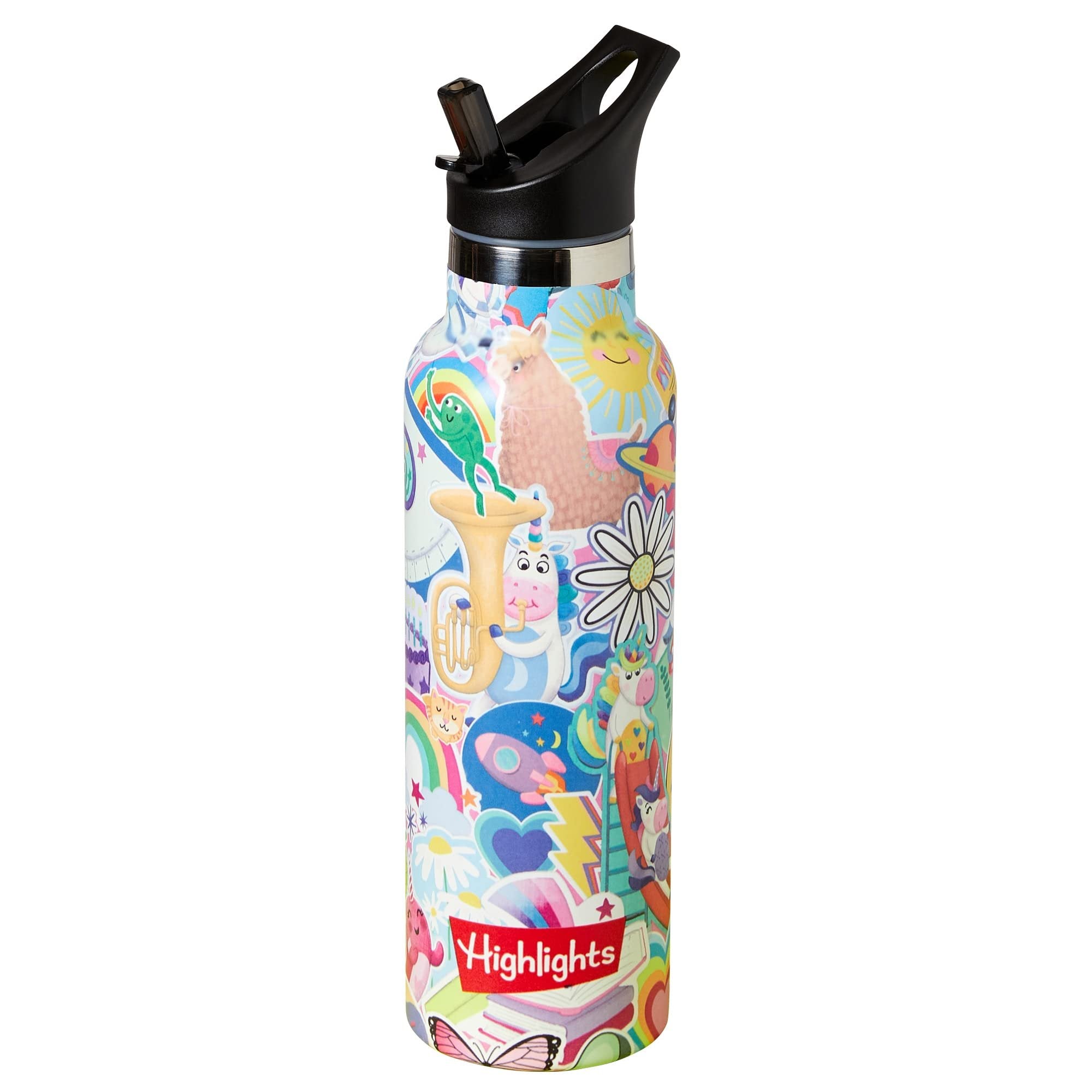 Highlights for Children Insulated Water Bottle for Kids, 20-Ounce Stainless Steel Water Bottles for Boys and Girls, Double Wall Vacuum Insulated, Kids Water Bottle for School (Rainbow Unicorn - Pink)