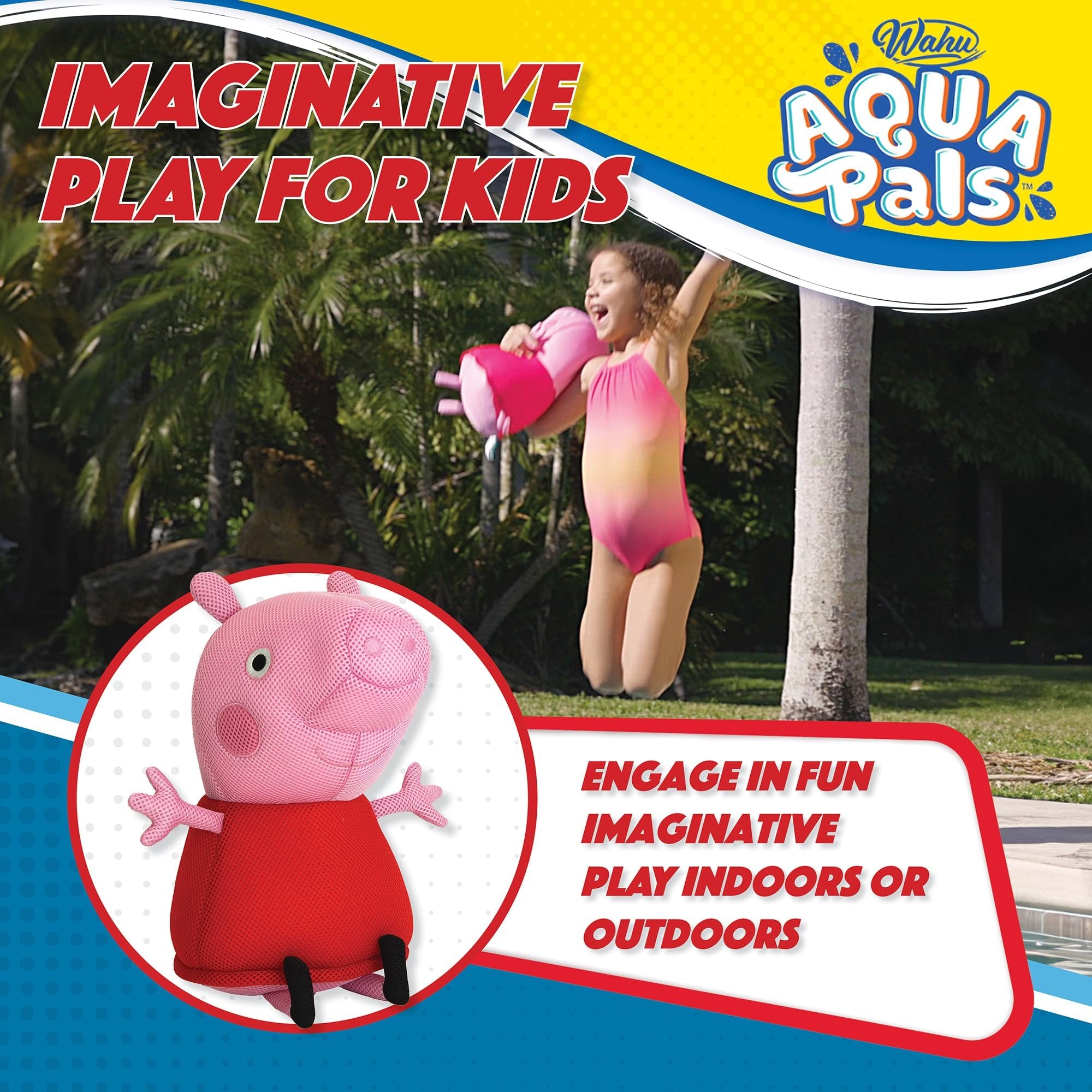 Wahu Aqua Pals Peppa Pig Plush Water Toy for Kids Ages 2+, Fast-Drying Waterproof Plush Doll Toy for Pool and Bathtub, Pink/Red, 16", Medium