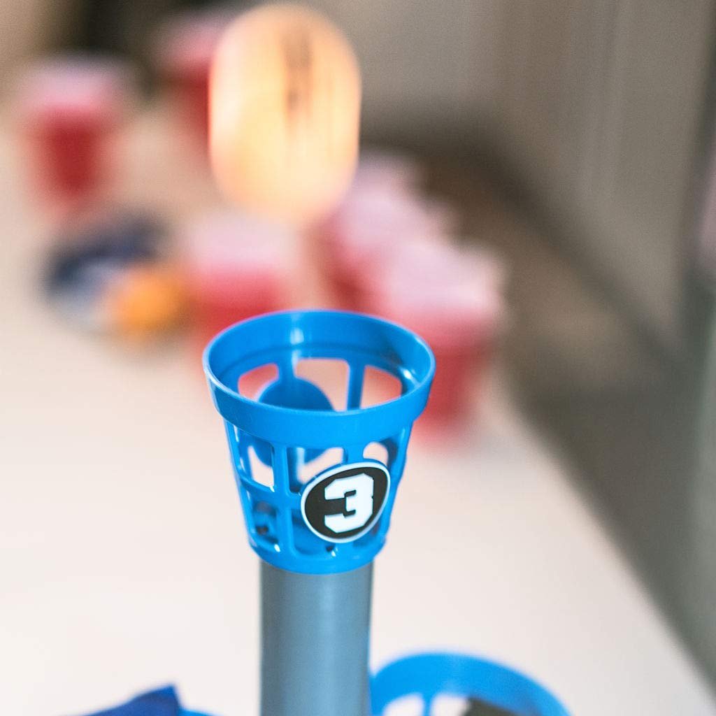 B3 Blitz, Bean Bag and Pong Ball toss Game, Indoor Party Game for Adults and Family: College Bean Bag The Next Generation Pong Game;Game Stand, 5 Buckets 8 Bean Bags 4 Pong Balls, Blue