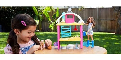 Barbie Careers Playset, Hatch & Gather Egg Farm with Brunette Farmer Fashion Doll, Hatching Molds & Dough, Chicken Coop, 10 Animals & Accessories