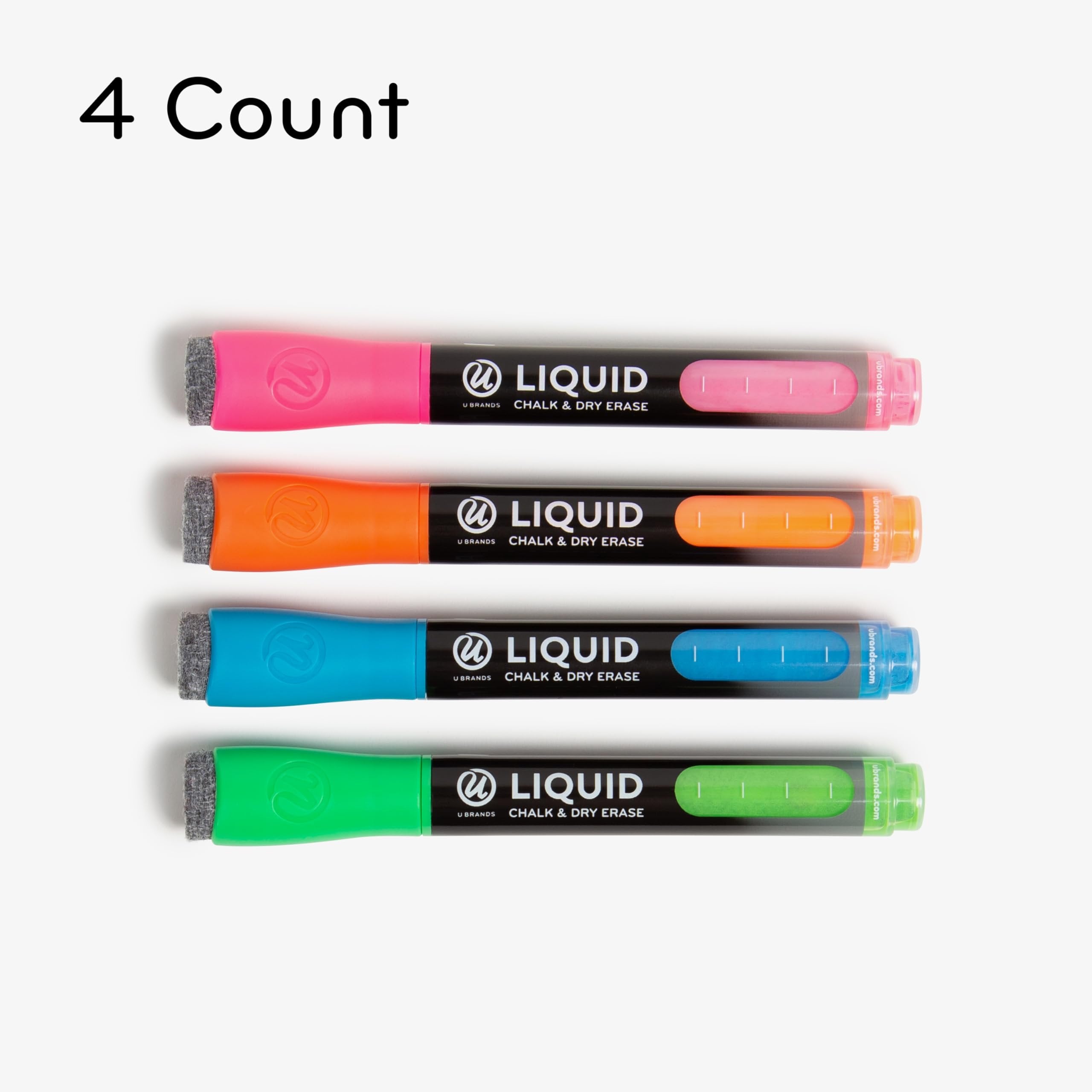 U Brands Colored Liquid Chalk Dry Erase Markers with Eraser, Set of 4, Assorted Colors, Bullet (3 mm) Point