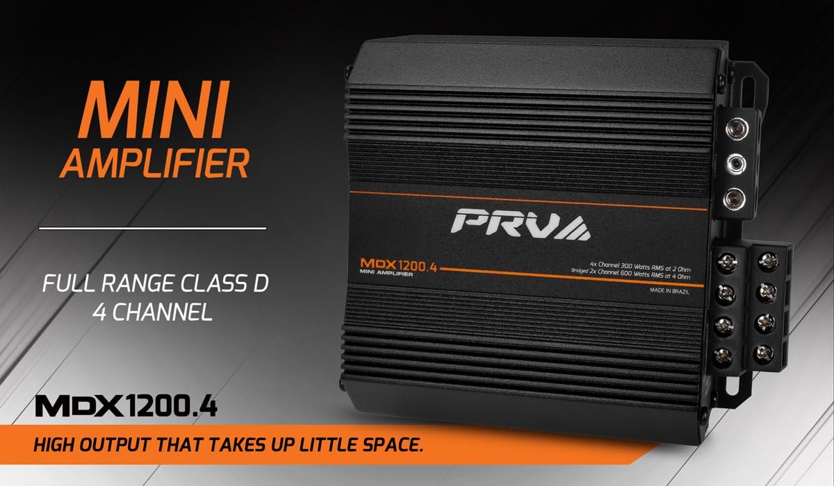 PRV Audio MDX1200.4 2 Ohm Mini 4 Channel Car Audio Amplifier 4 x 300 Watts RMS at 2 Ohm - 1200 Watt 12 Volts Bridgeable Amp for Powersports, Motorcycles, ATV, for High Power Stereo Speaker Systems