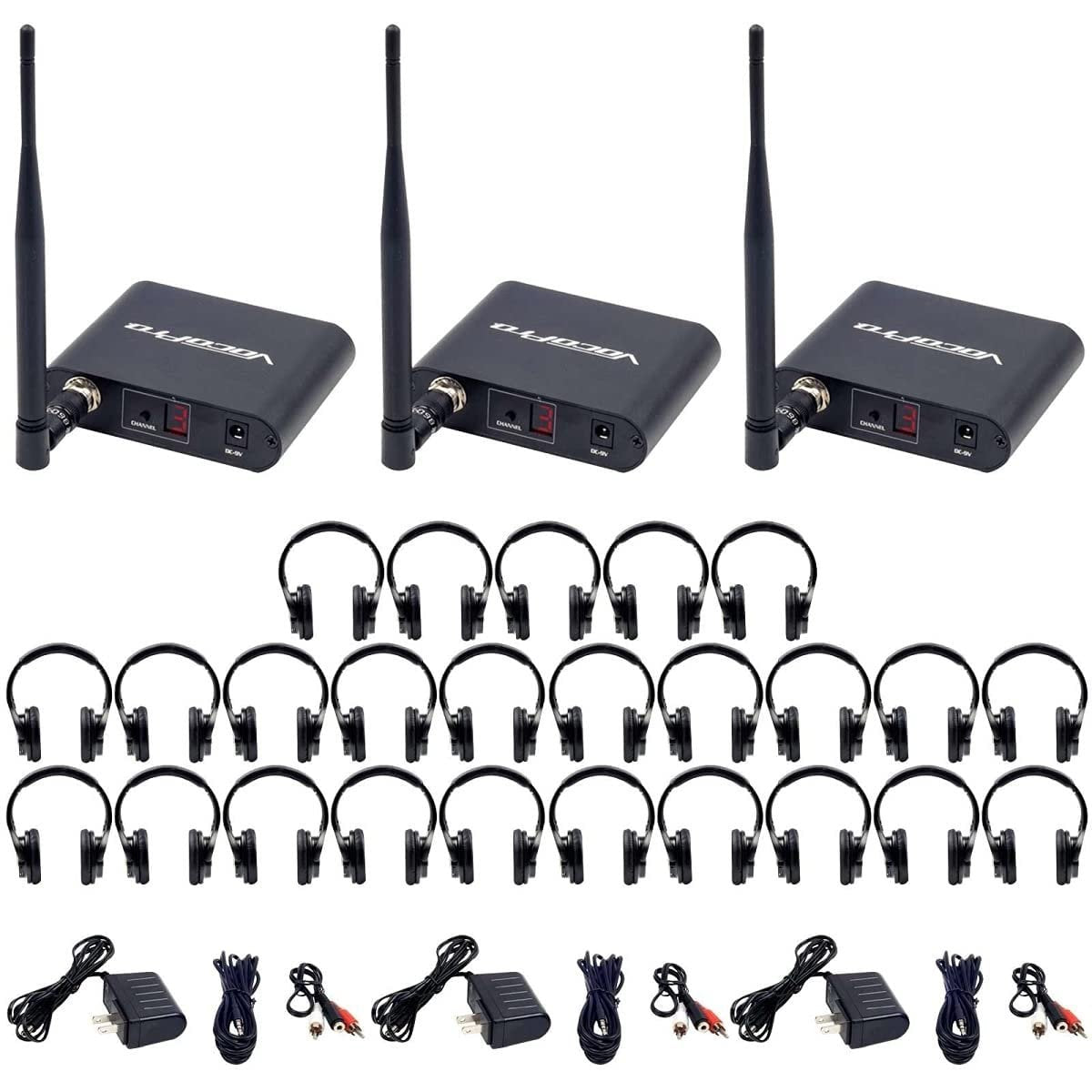 VocoPro SILENTDISCO325 Silent Symphony with 3 Transmitters & 25 Wireless LED Headphones