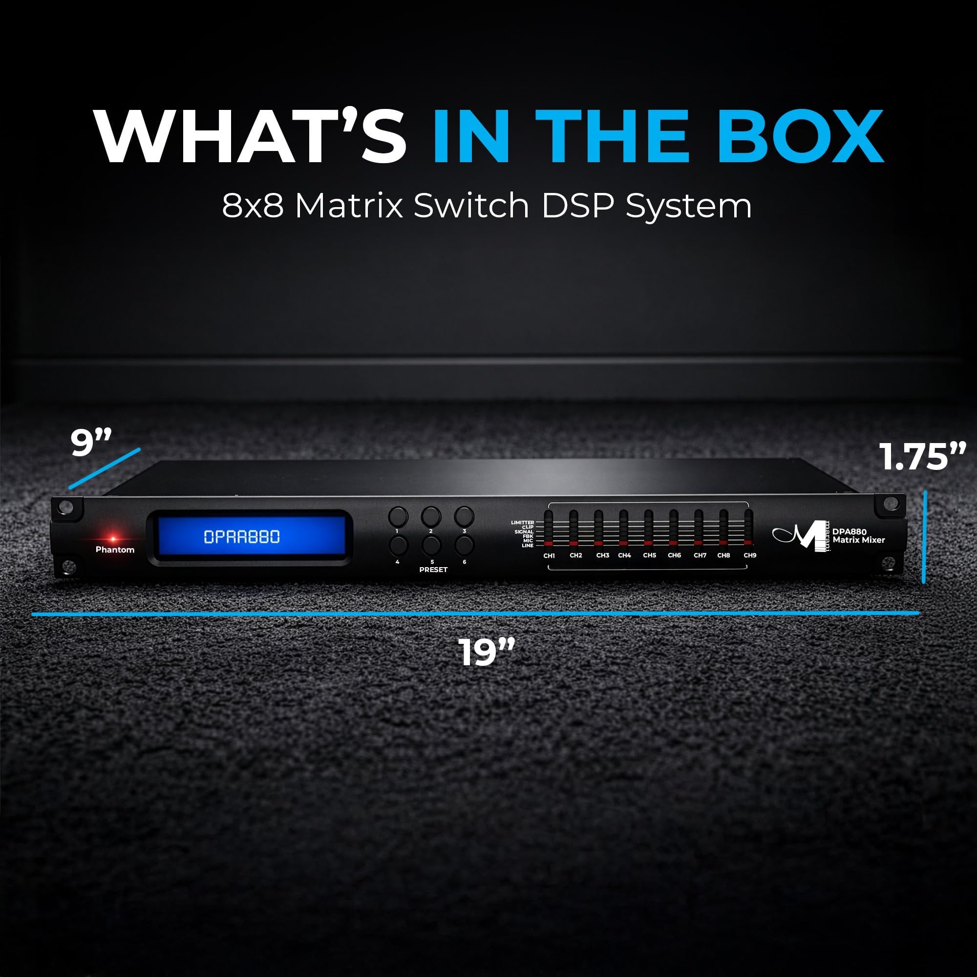 MARANI 8x8 Matrix Switch DSP System, Audio Matrix with USB/RS485 Control, Phantom Power, 6 Presets, LCD Display, Feedback Eliminator, 5-Band EQ, 48V Mic Inputs, 8 Inputs & Outputs