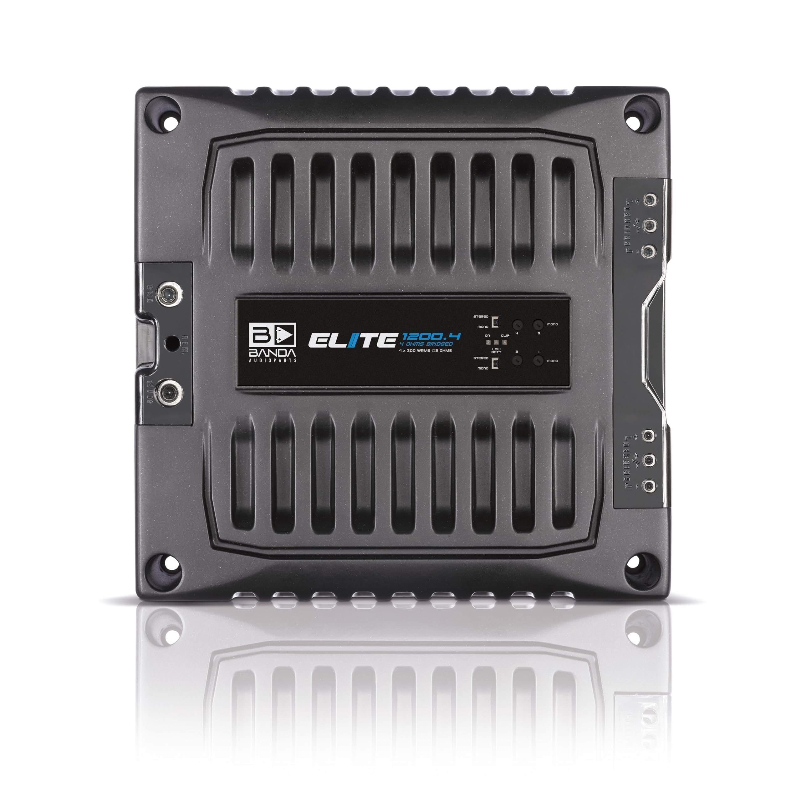 BANDA Audioparts ELITE1200.42OHMS 4-Channel Vehicle Audio Amplifier 4 x 300 Wrms 2-Ohms Car Amp with Highpass Filter and Low Pass Filter - 1200.42OHM