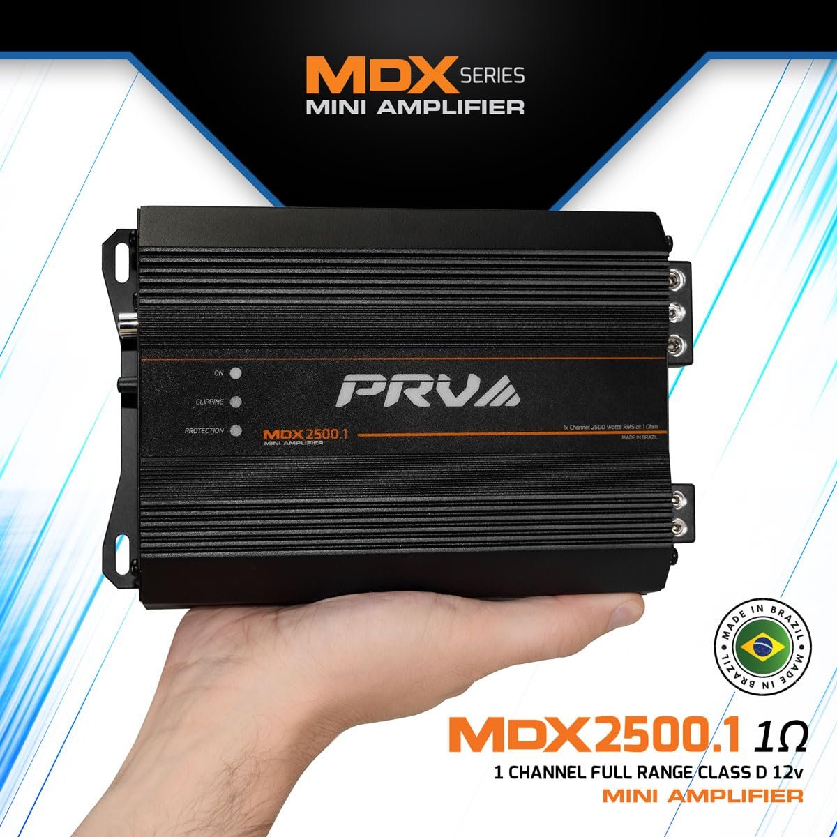 PRV Audio MDX2500.1 1 Ohm Mini Car Audio Amplifier 1 Channel 2600 Watts RMS Ultra Compact Full Range Monoblock Class D Amp for Powersports, Motorcycles, ATV, for High Power Loudspeaker Systems
