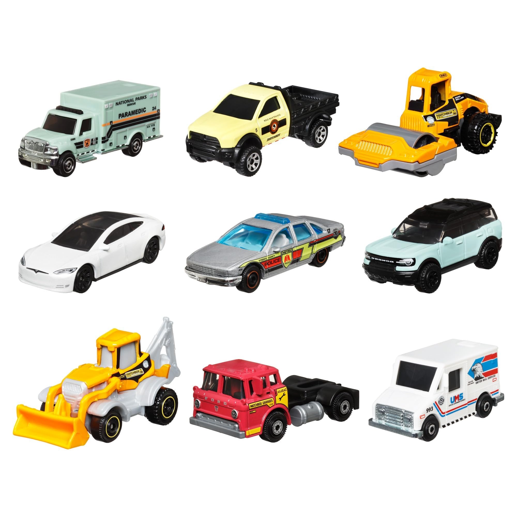 Matchbox Cars, 9-Pack Die-Cast 1:64 Scale Toy Cars, Construction or Garbage Trucks, Rescue Vehicles or Planes (Styles May Vary).