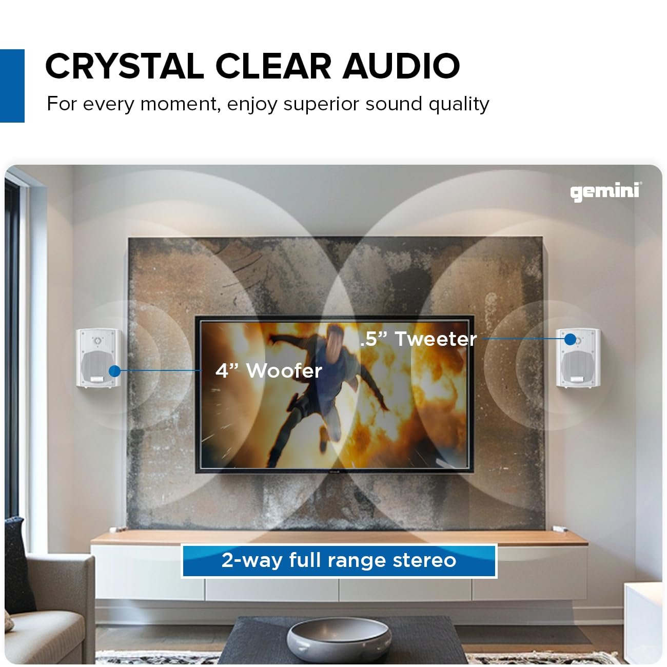 Gemini Sound GHSI-W400BT-PR-BLK 4" Inch Powerfull Bass Woofer 100 Watt Peak Power Waterproof Bluetooth Wall & Ceiling Mount Wired Speakers Pair - Easy Daisy Chain for Home Outdoor Pool & Patio, White