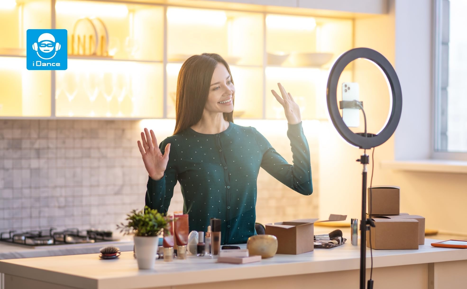 iDance LED Ring Light with Cell Phone Holder, 10", USB Powered with Bluetooth Remote Control and Foldable Adjustable Tripod Stand, Selfie, Makeup Ring Light with Universal iPad Mini Holder