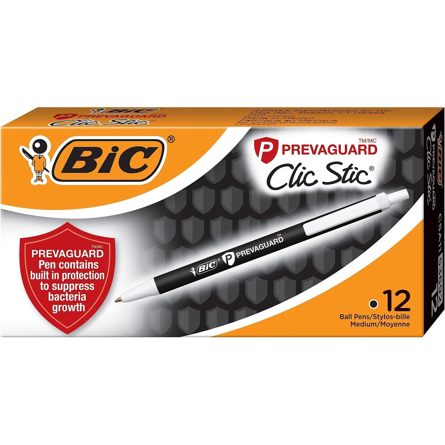 BIC PrevaGuard Clic Stic Ballpoint Pen With Built-in Protection To Suppress Bacteria Growth, Medium Point (1.0mm), Black, 12-Count