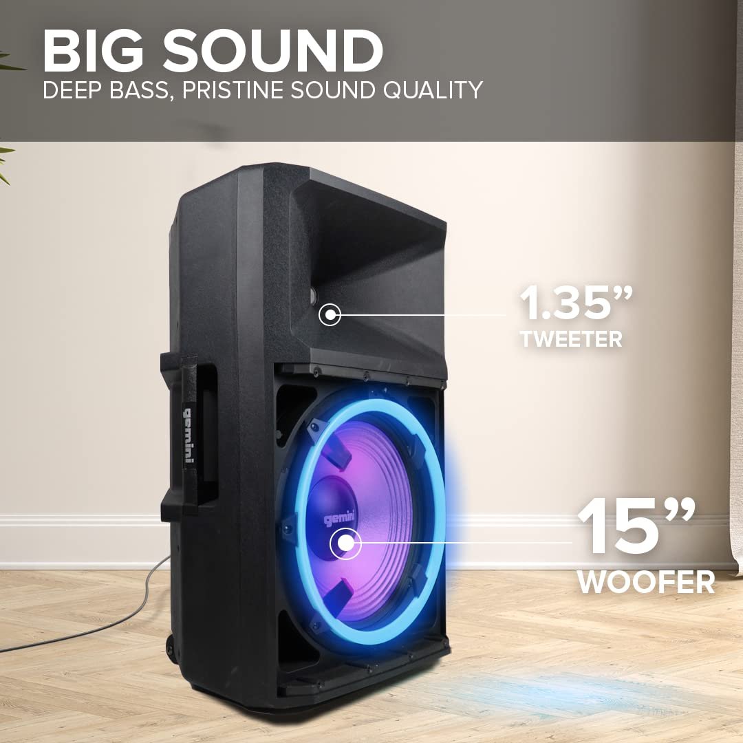 Gemini Sound GSP-L2200PK Indoor 2200 Watt Peak Bi-Amped Wired AC Powered Bluetooth DJ Speaker with 15" Inch Woofer, LED Party Lights, Built in Media Player, and Included Microphone and Speaker Stand