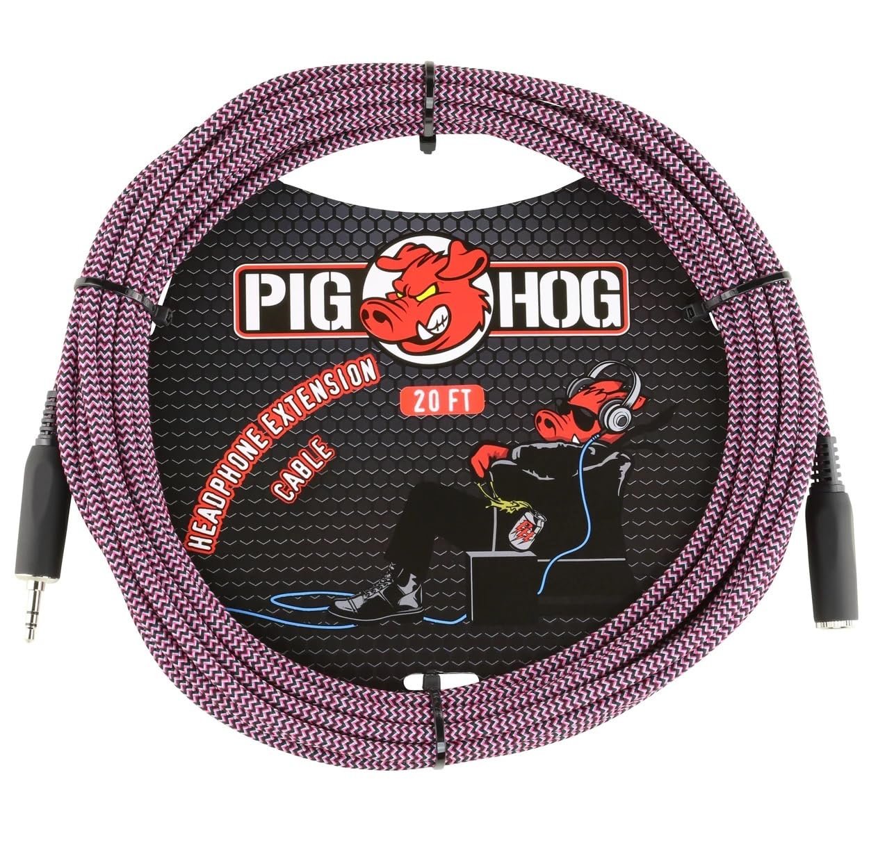 PIGHOG PHX3520RPP 20-feet Headphone Extension Cable TRS 3.5mm Female to TRS 3.5mm Male Woven Exterior Heavy Duty Molded Connectors Riviera Purple