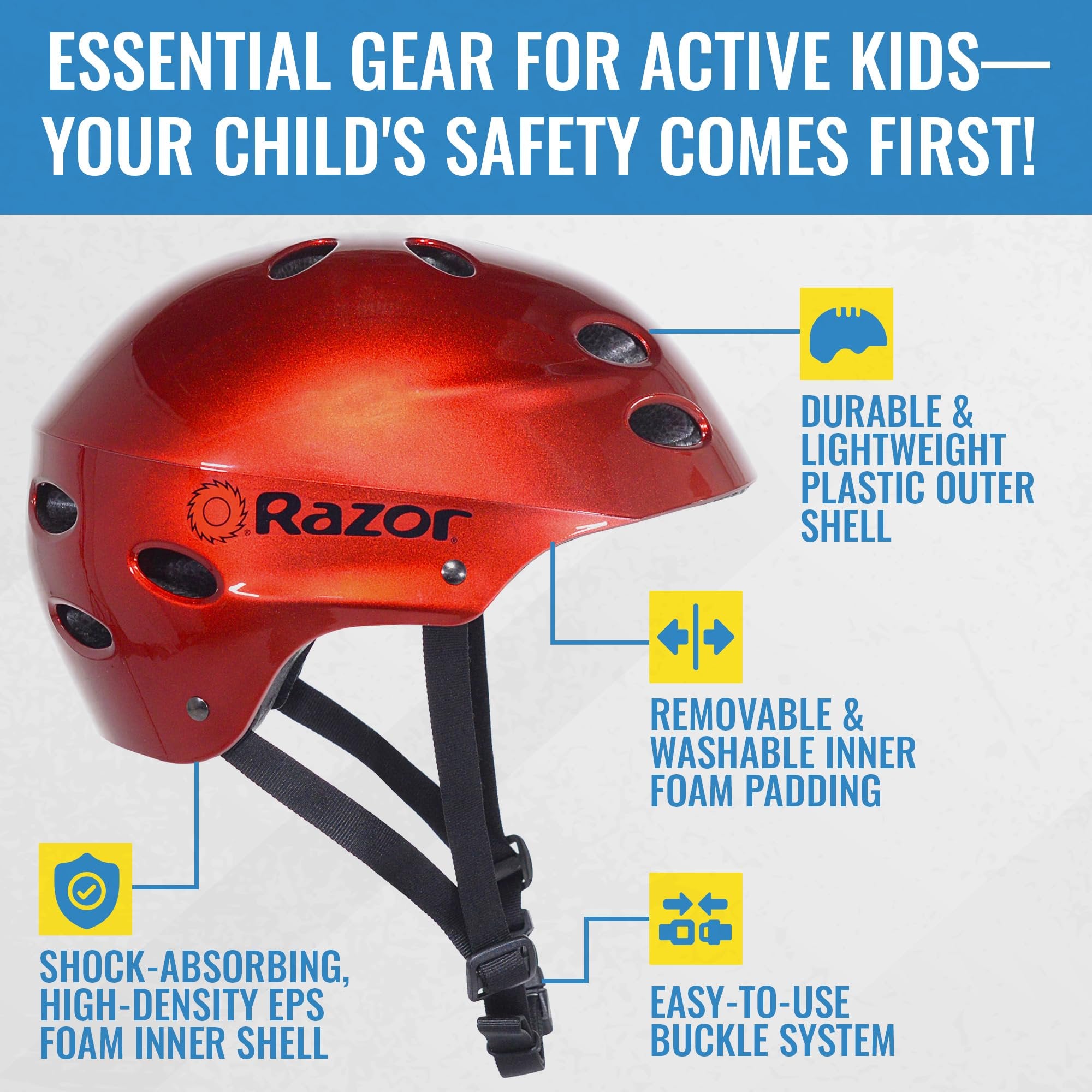 Razor V-12 Child Multi-Sport Helmet - CPSC Approved Kid’s Helmet with Adjustable Strap - Lightweight Kid’s Bike Helmet with Foam Padding for Cycling & Skateboarding - Lucid Red - 21.5in to 22.5in