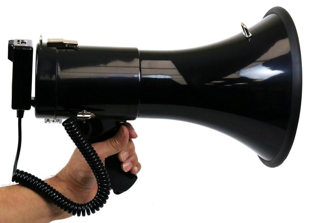 DEEJAY LED High Performance 13-1/2-in PA Megaphone with Hanging Mic, SD Card Play, Aux Input, USB Input, Siren, Recorder 50 Watt Output Max LED Status Indicator lights DEEJAY LED TBHMEGAPHONE