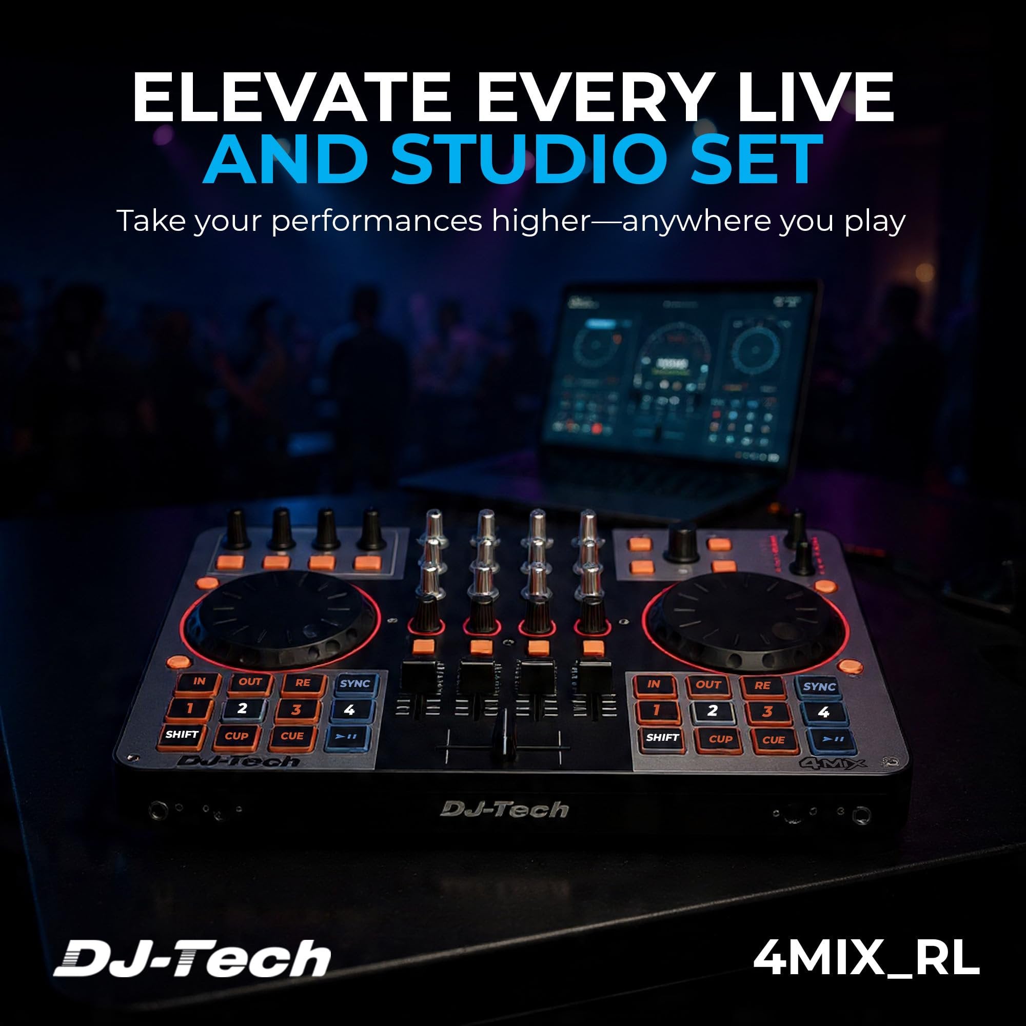 DJ Tech DJ Controller, USB MIDI 4-Deck Control with Integrated Soundcard, 4-Channel Mixer with EQ & Filters, Illuminated Performance Pads, FX Controls, Deck Select Buttons, VirtualDJ LE Included