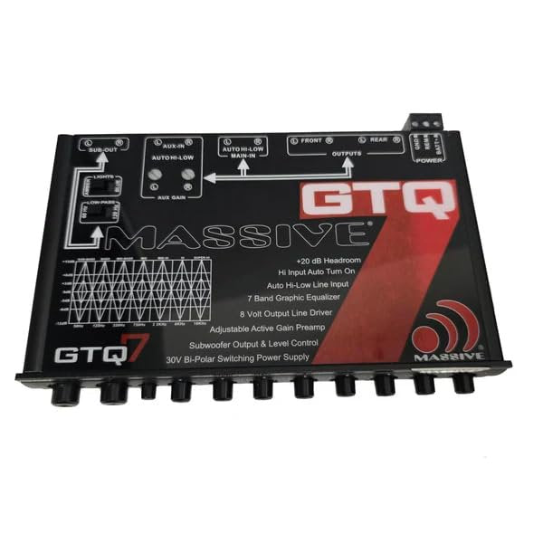Massive Audio GTQ7 | 7-Band Car Audio Graphic Equalizer – in-Dash 7V Line Driver, Adjustable Subwoofer Crossover, Dual RCA Inputs, High/Low Fader Control for Precision Sound Tuning