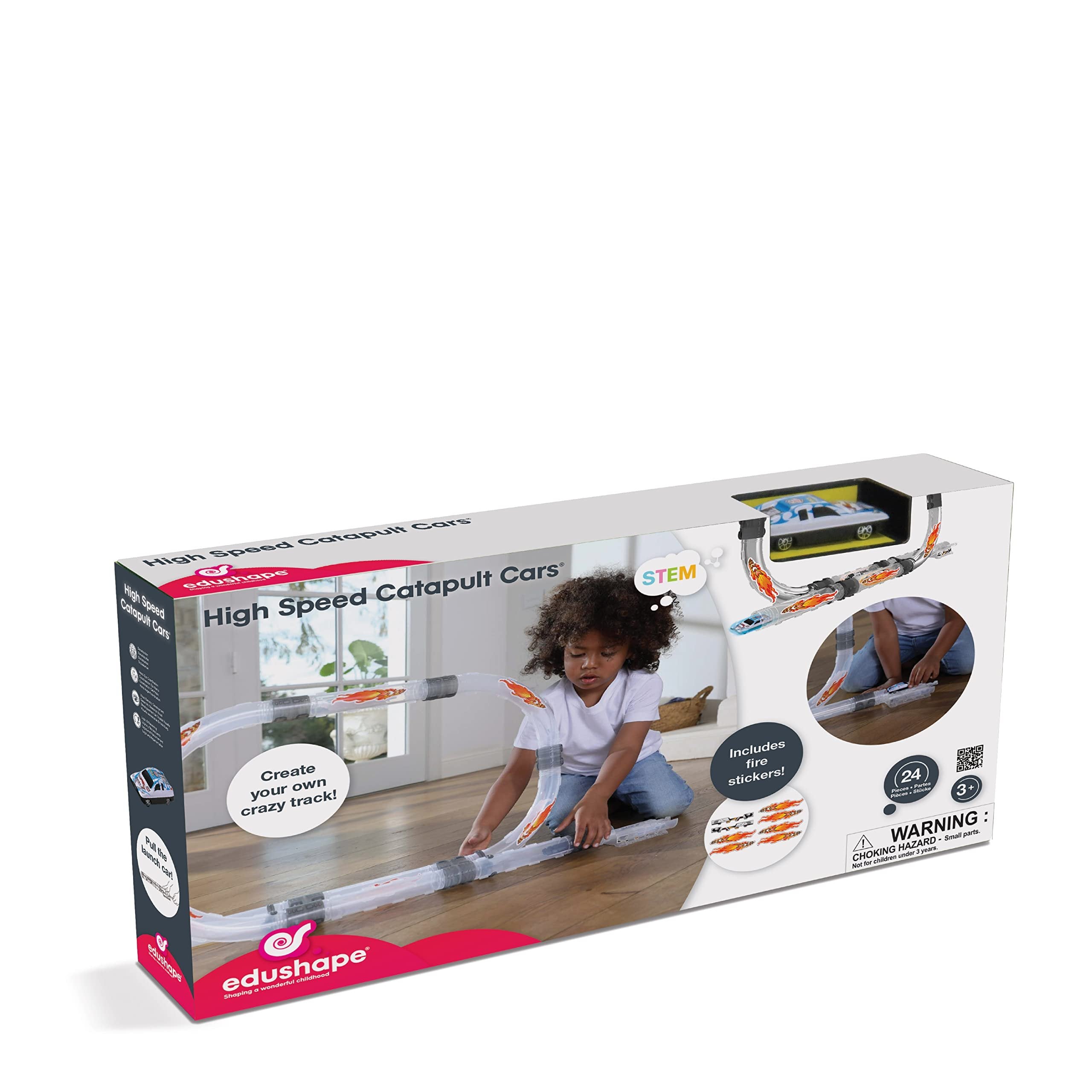 Edushape High Speed Catapult Cars Baby Toy - DIY Race Track with Ejection Mechanism - Enhance STEM and Creativity for Kids Aged 3 Years and Up
