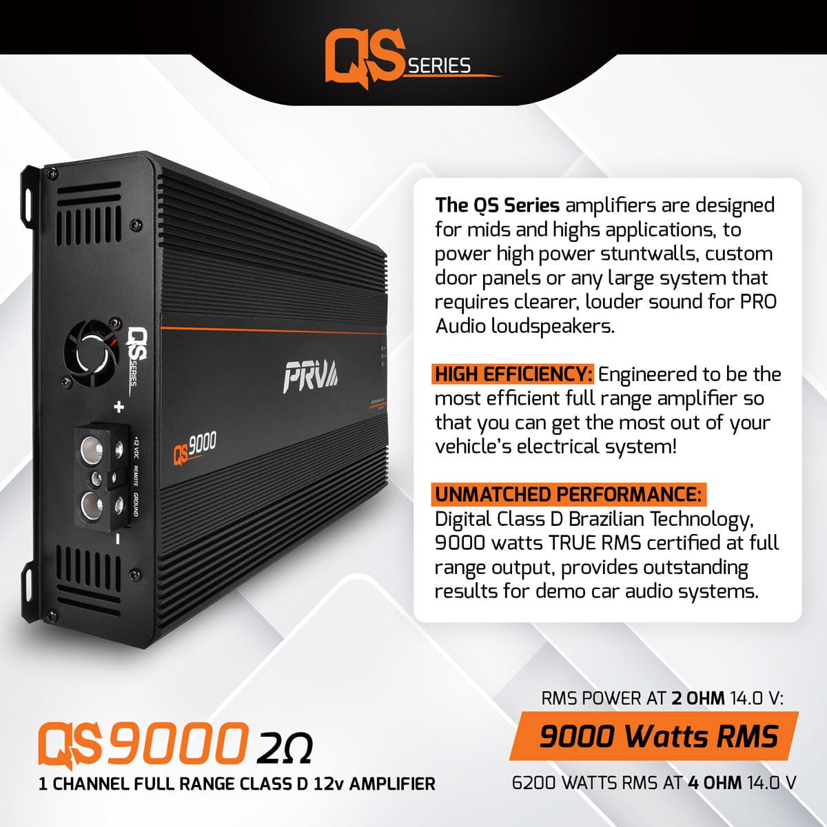 PRV Audio QS9000.2 QS Series Full Range Amplifier Compact 1 Channel Pro Loudspeakers Car Audio Amp 9000 Watts RMS at 2 Ohm