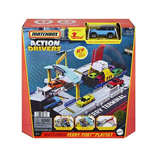 Matchbox HMH29 Ferry Port Set with Detachable Wheeled Ferry, Elements to Activate Manually or with The Help of The Land Rover Car, Children's Toy, from 3 Years Old,