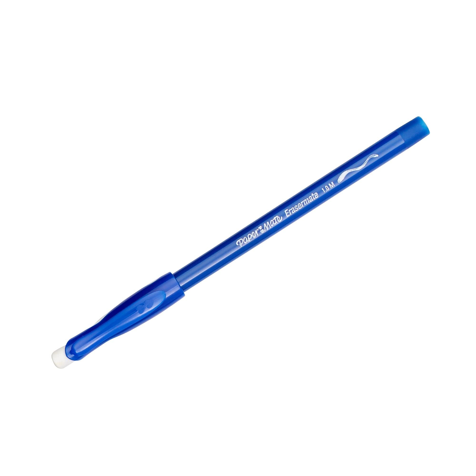 Paper Mate EraserMate Stick Ballpoint Pen, Medium Point, Blue Ink, 5-Count