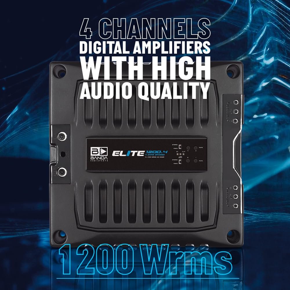 Banda Audioparts Elite 1200.4 2-Ohm Stable 4 Channel Car Amplifier 4 x 300W RMS @ 12.6V Class D Full Range Amp, Compact High Efficiency 4CH Amplifier for Speakers & Subwoofers AND DRIVERS AND TWEETERS