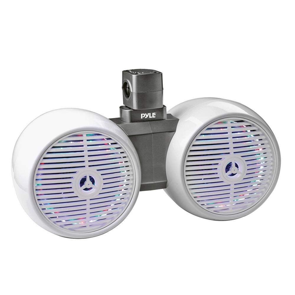 Pyle Marine Wakeboard Tower Speakers - Waterproof 6.5” Dual Subwoofer Speaker Set & 1.0” Tweeters, LED Lights and 400 Watt Power - 2-Way Boat Audio System w/Mounting Bracket-PLMRWB852LEW (White)