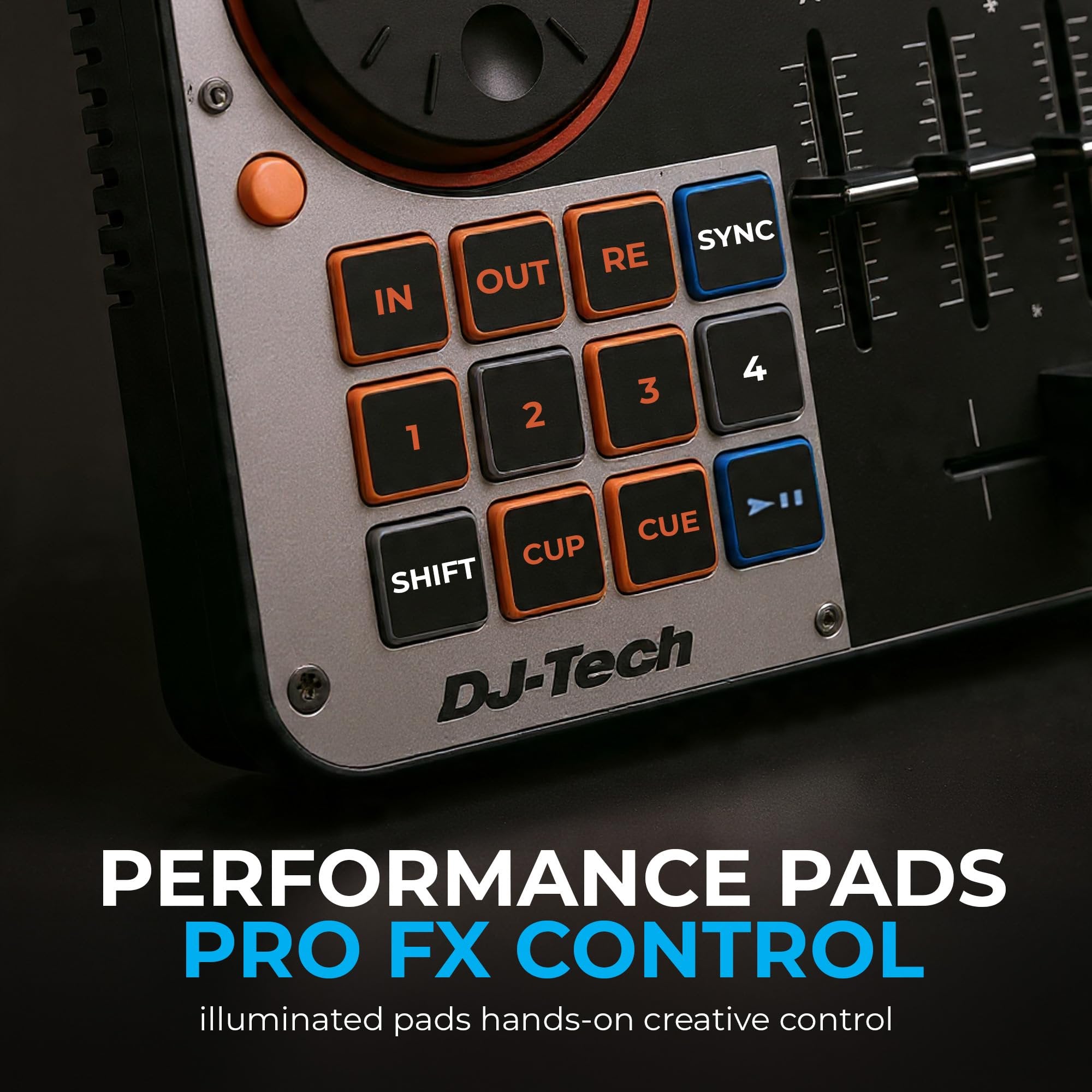 DJ Tech DJ Controller, USB MIDI 4-Deck Control with Integrated Soundcard, 4-Channel Mixer with EQ & Filters, Illuminated Performance Pads, FX Controls, Deck Select Buttons, VirtualDJ LE Included