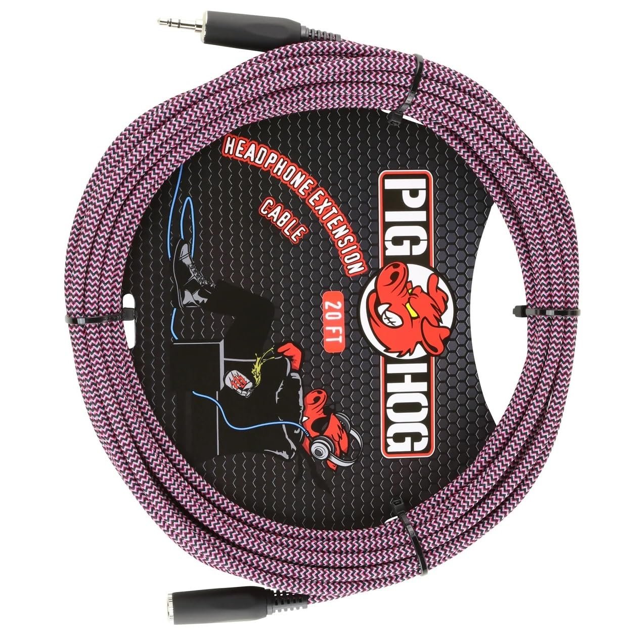 PIGHOG PHX3520RPP 20-feet Headphone Extension Cable TRS 3.5mm Female to TRS 3.5mm Male Woven Exterior Heavy Duty Molded Connectors Riviera Purple