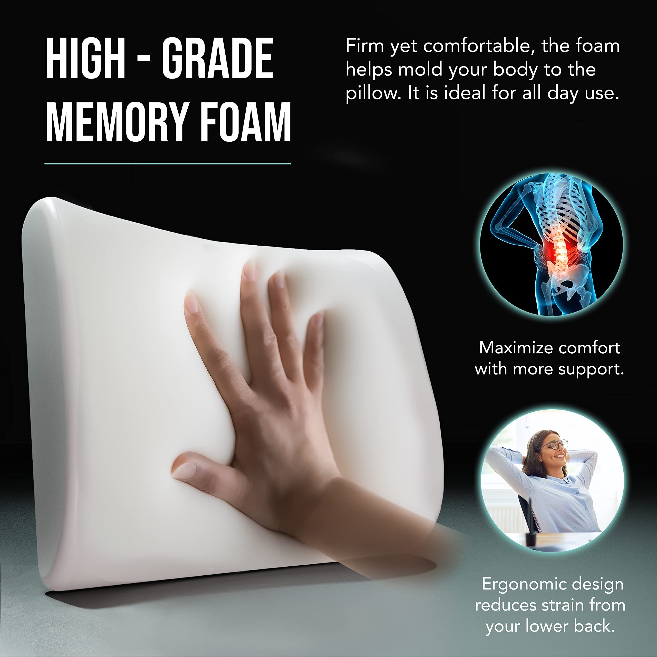 SAMSONITE Lumbar Support Pillow for Office Chair and Car Seat, Perfectly Balanced Memory Foam, Versatile Use Lower Back Cushion, Gray