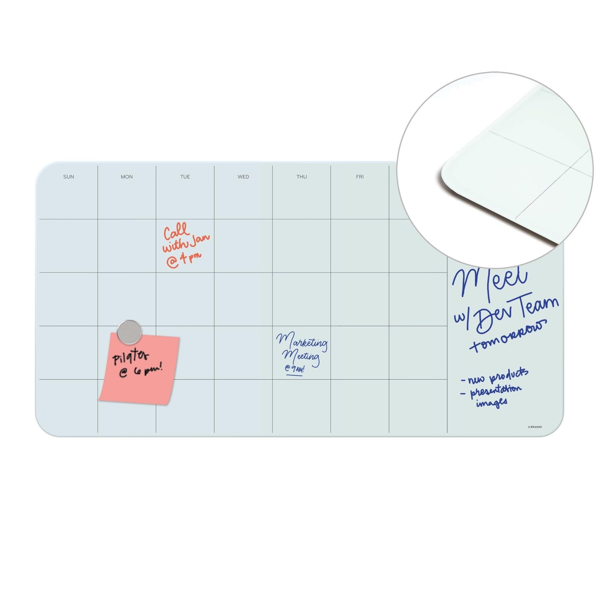 U Brands Magnetic Cubicle/Wall Glass Dry-Erase Monthly Calendar Board, 23 X 12 Inches, White Frosted Surface, Frameless
