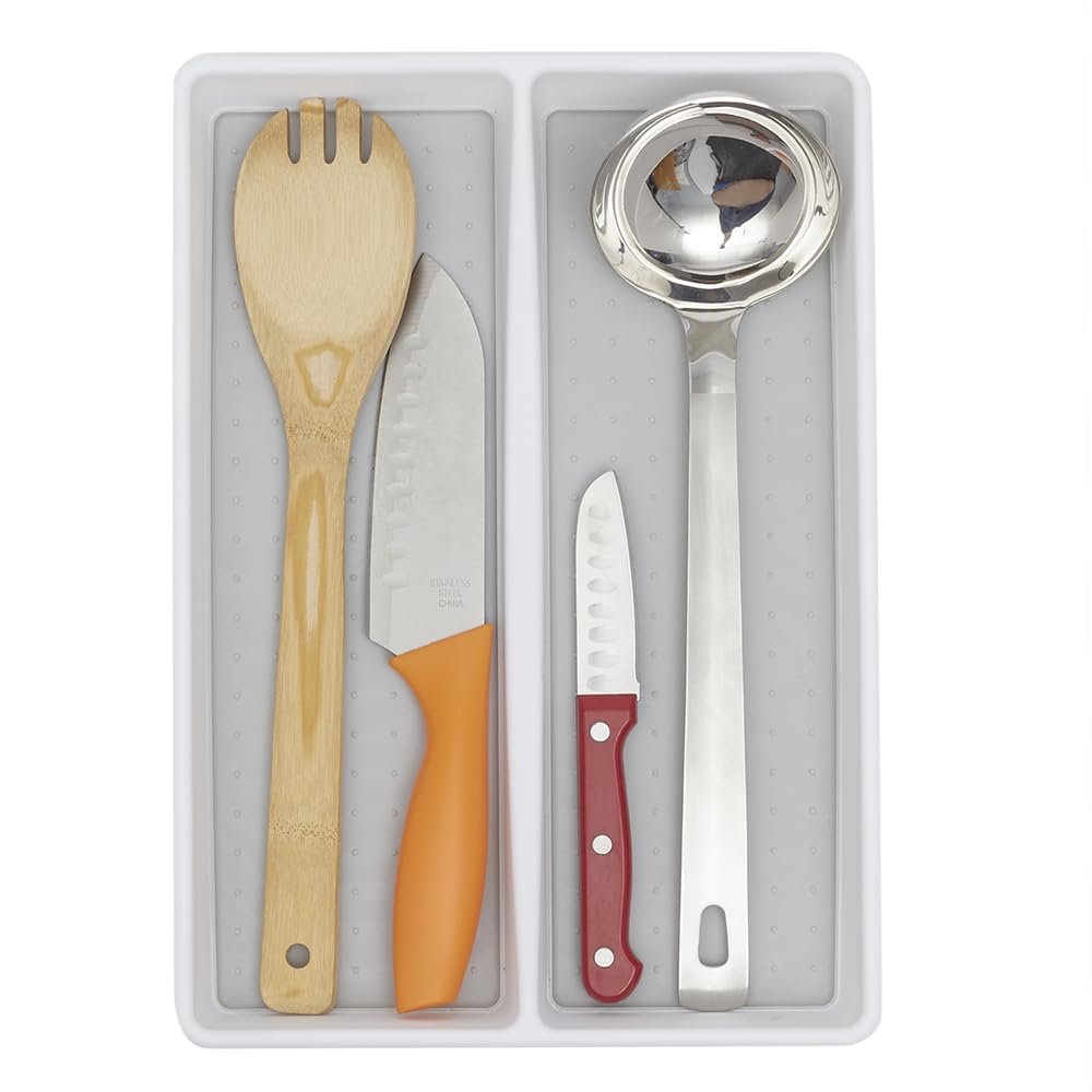 Home Basics White Multi-Purpose Home Organization Tray with 2 Spacious Compartments - 9x12, Stackable, Rubber-Lined Plastic with Soft Grip Lining and Non-Slip Feet