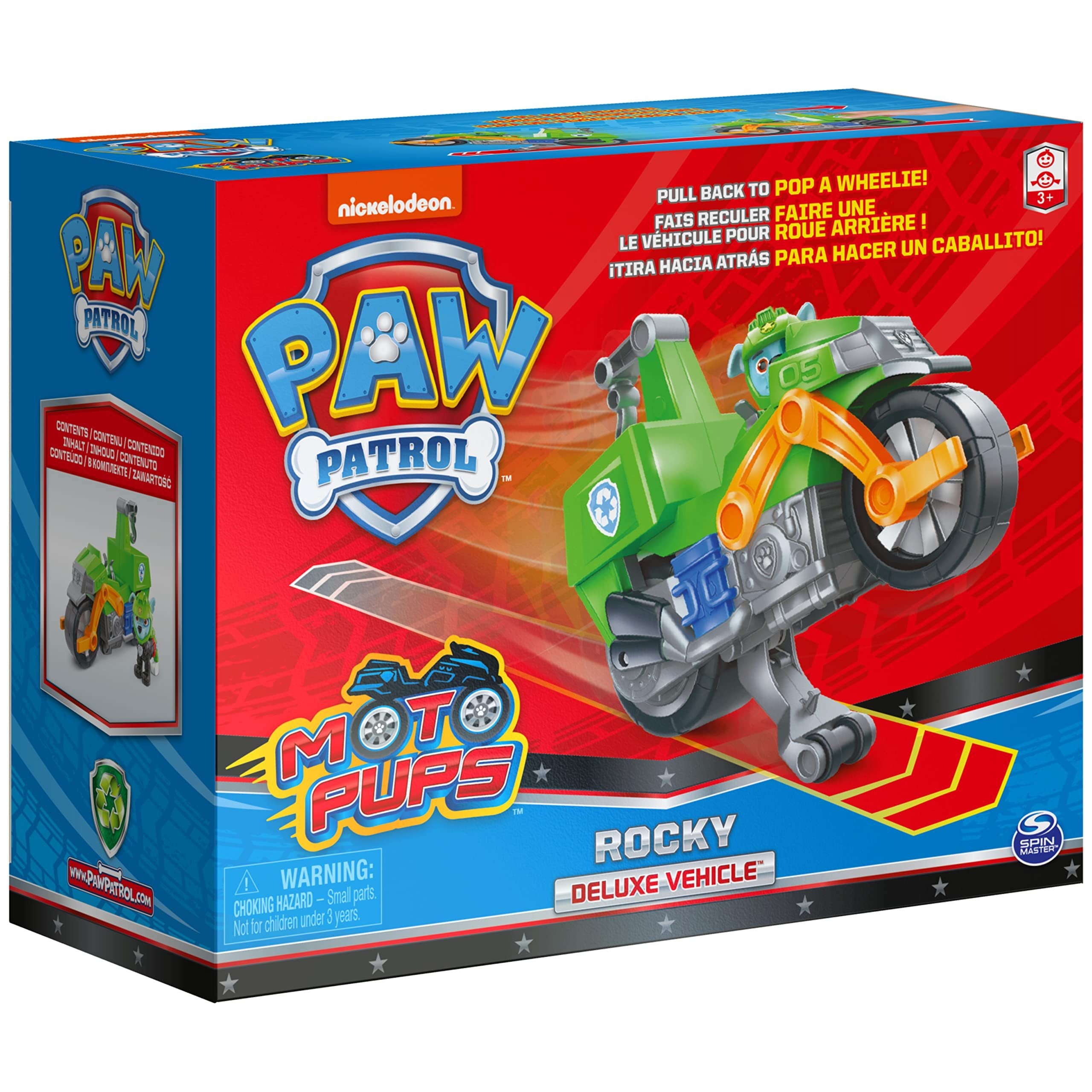 Paw Patrol, Moto Pups Rocky’s Deluxe Pull Back Motorcycle Vehicle with Wheelie Feature and Toy Figure