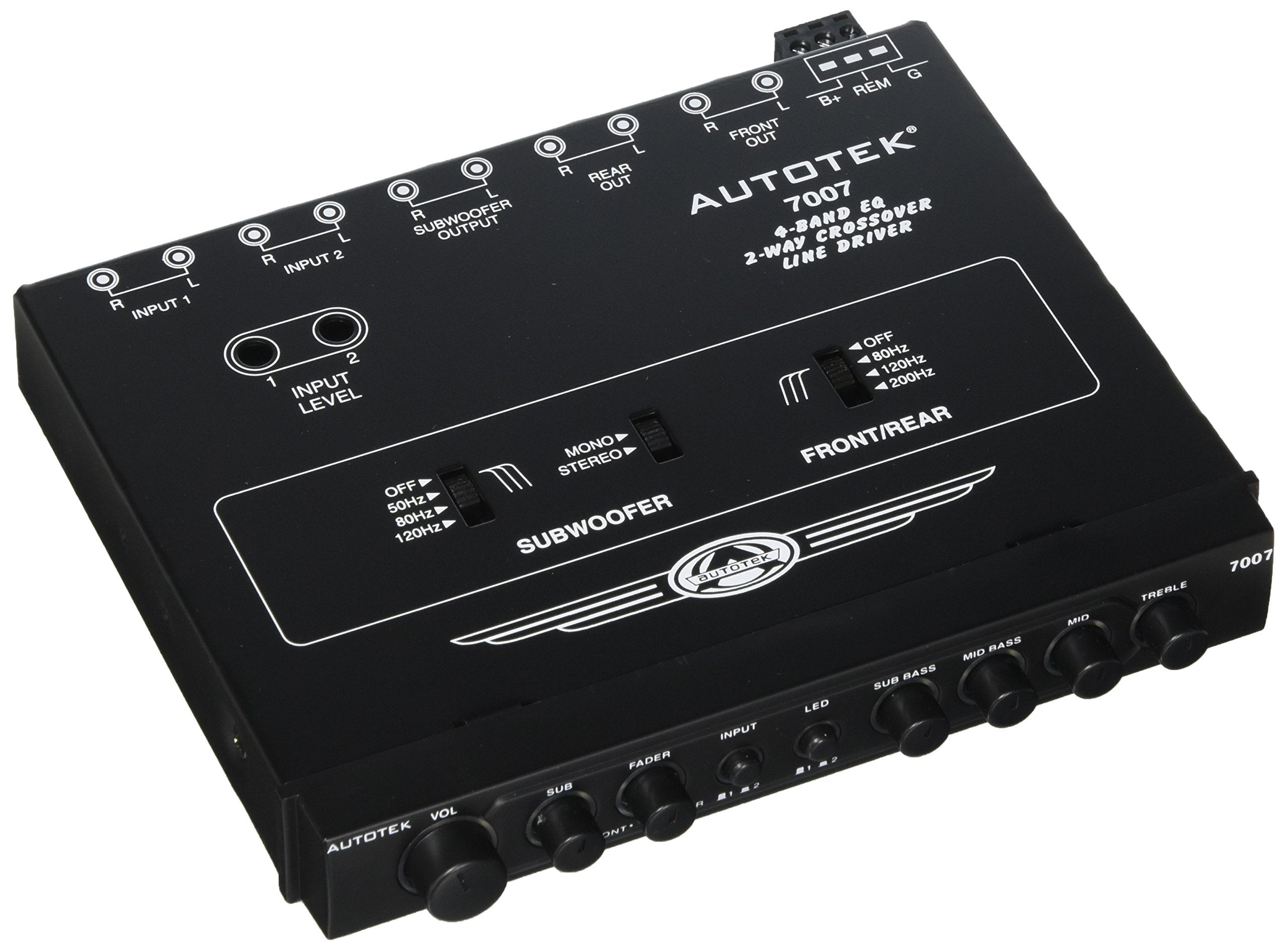 Autotek 7007 Multiple Source Signal Processor (Black) – .5 Inch DIN, 2-Way, 4-Band EQ, 9 Volt Line-Driver, 2 Inputs, 3 Outputs, Master Volume Control, Subwoofer Control, Includes Bass Remote