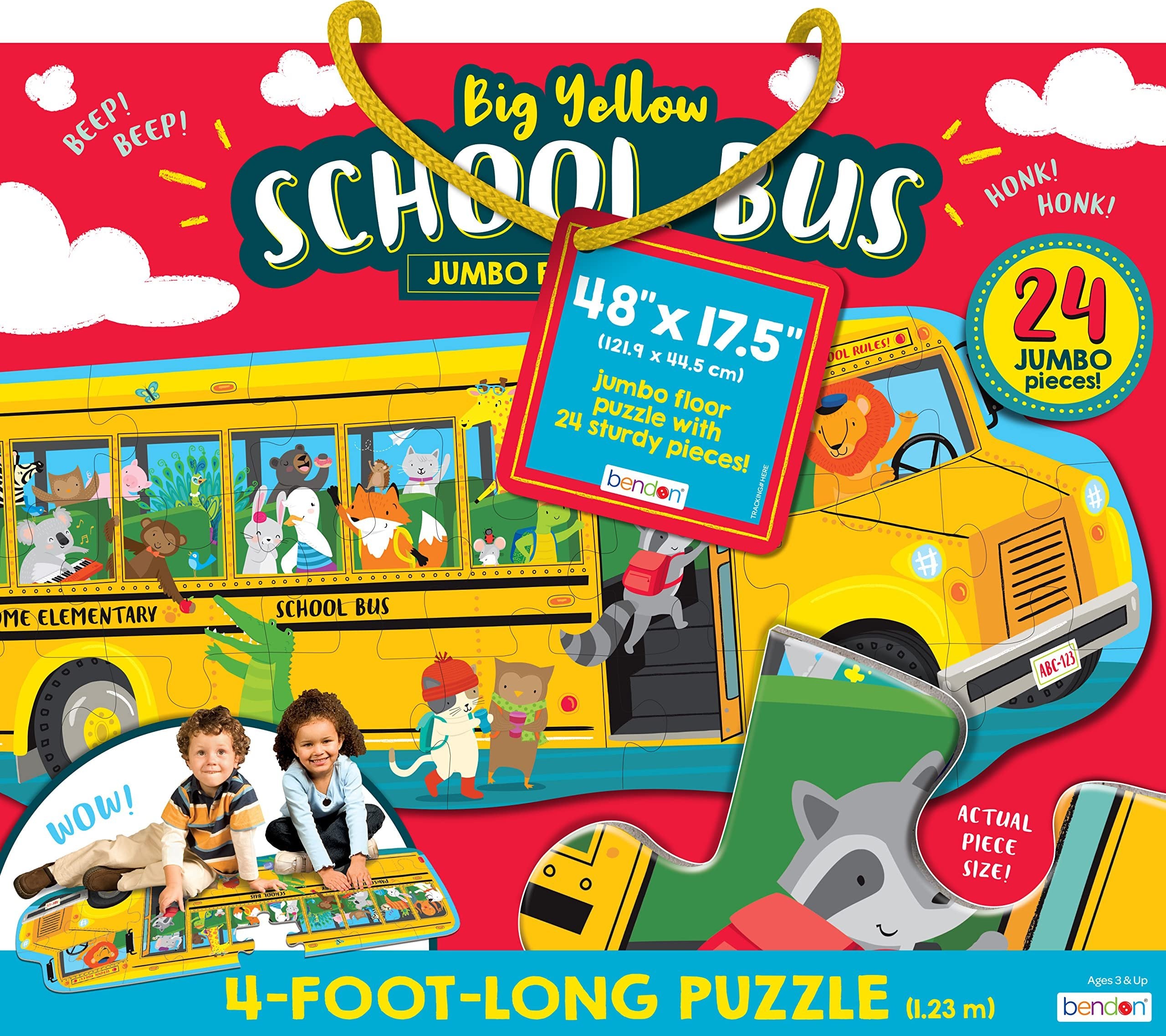 Bendon School Bus Shaped Jumbo Jigsaw Floor Puzzle (24 pcs, 4 feet Long) - Kids Vehicle Puzzles, Large Floor Puzzles for Preschoolers and Kids Ages 3+