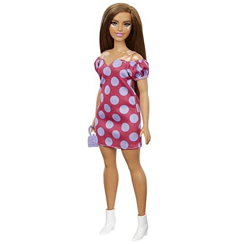 Barbie Fashionistas Doll #171, Curvy, Vitiligo, Long Brunette Hair, Off-Shoulder Polka Dot Dress, Purple Purse, White Boots,Toy for Kids 3 to 8 Years Old
