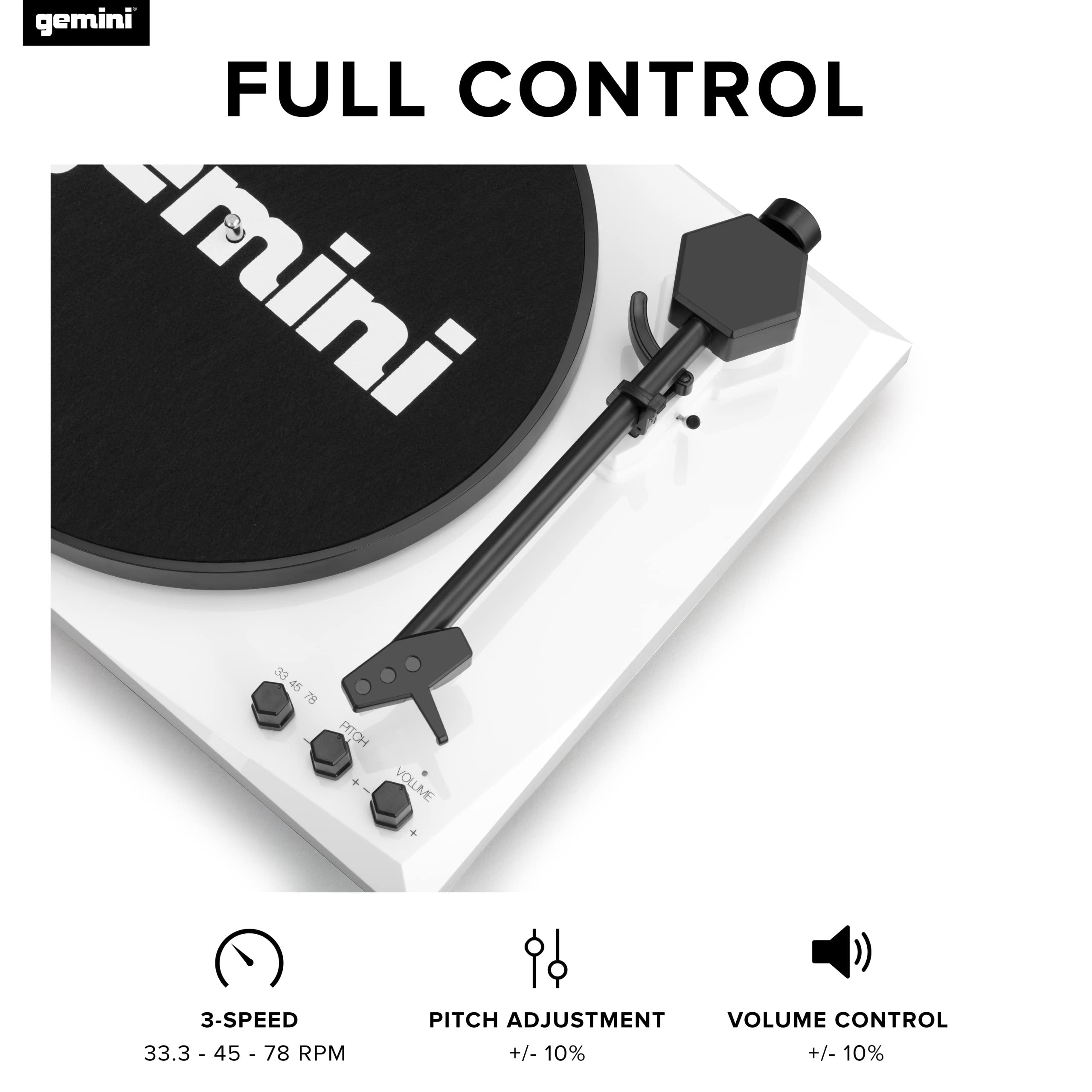 Gemini Sound TT-900-3-Speed Turntable with Bluetooth, 2-Way Stereo Speakers, and Pitch Adjustment (White)