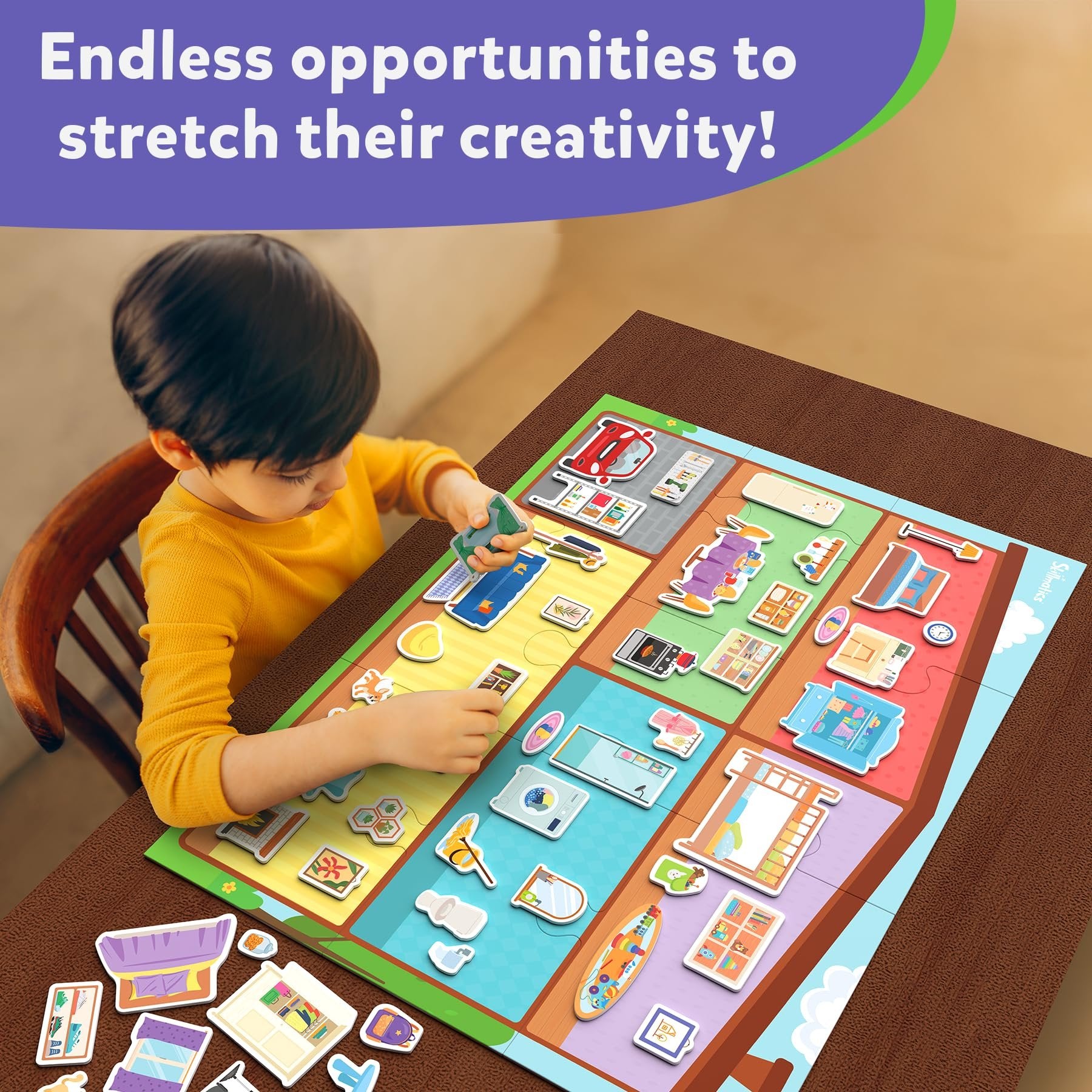 Skillmatics Creative Toy Magnetopia - Design Your Home, Interactive Pretend Play Set for Kids, Toddlers, 60+ Magnetic Pieces, Preschool Learning Game, Gifts for Girls & Boys Ages 3, 4, 5, 6, 7