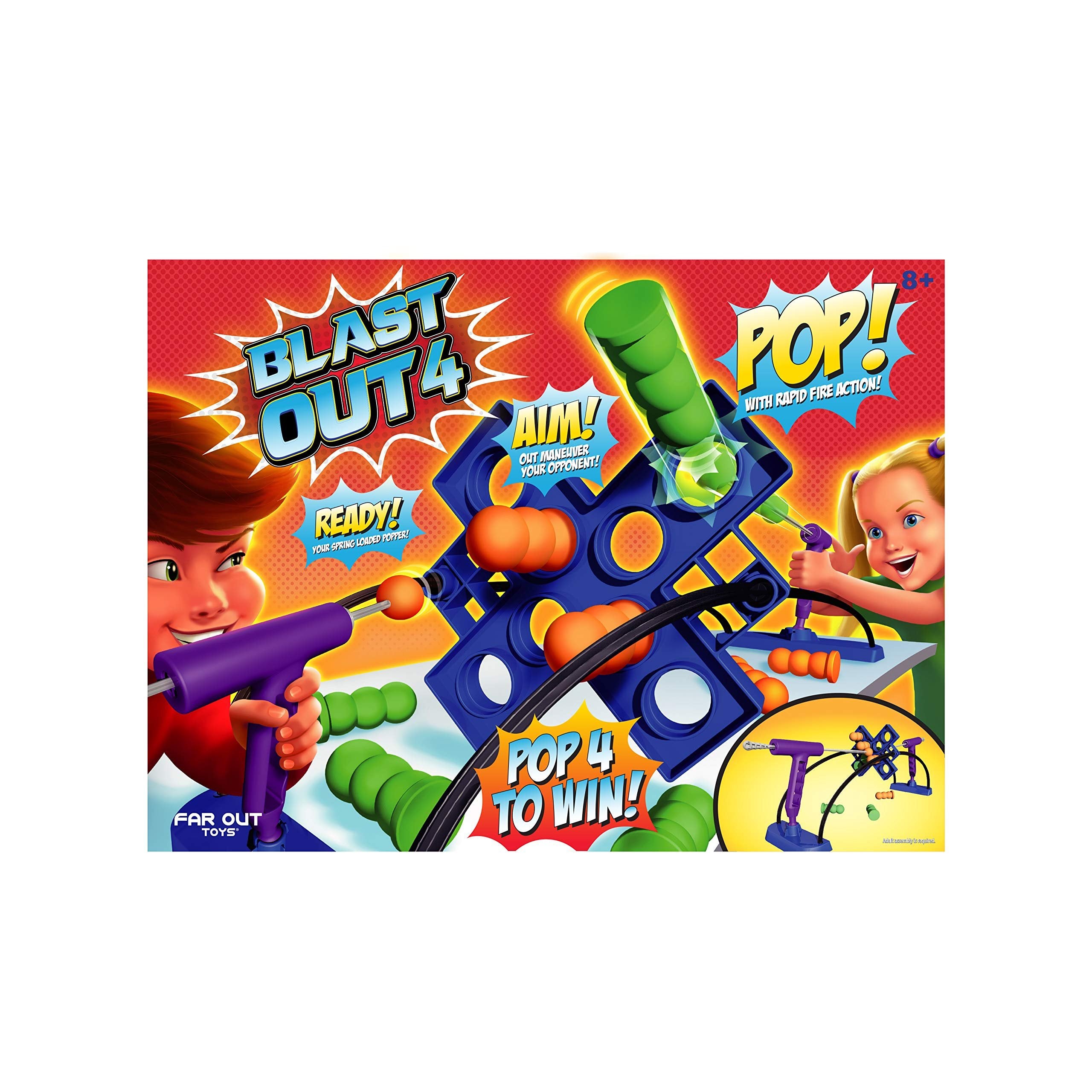 Far Out Toys Blast Out 4 Game, High-Intensity, Hand-Eye Coordination Action Game, Pop Pegs Out with Spring-Loaded Blaster Before Your Opponent, Play Offense and Defense, for Ages 8+