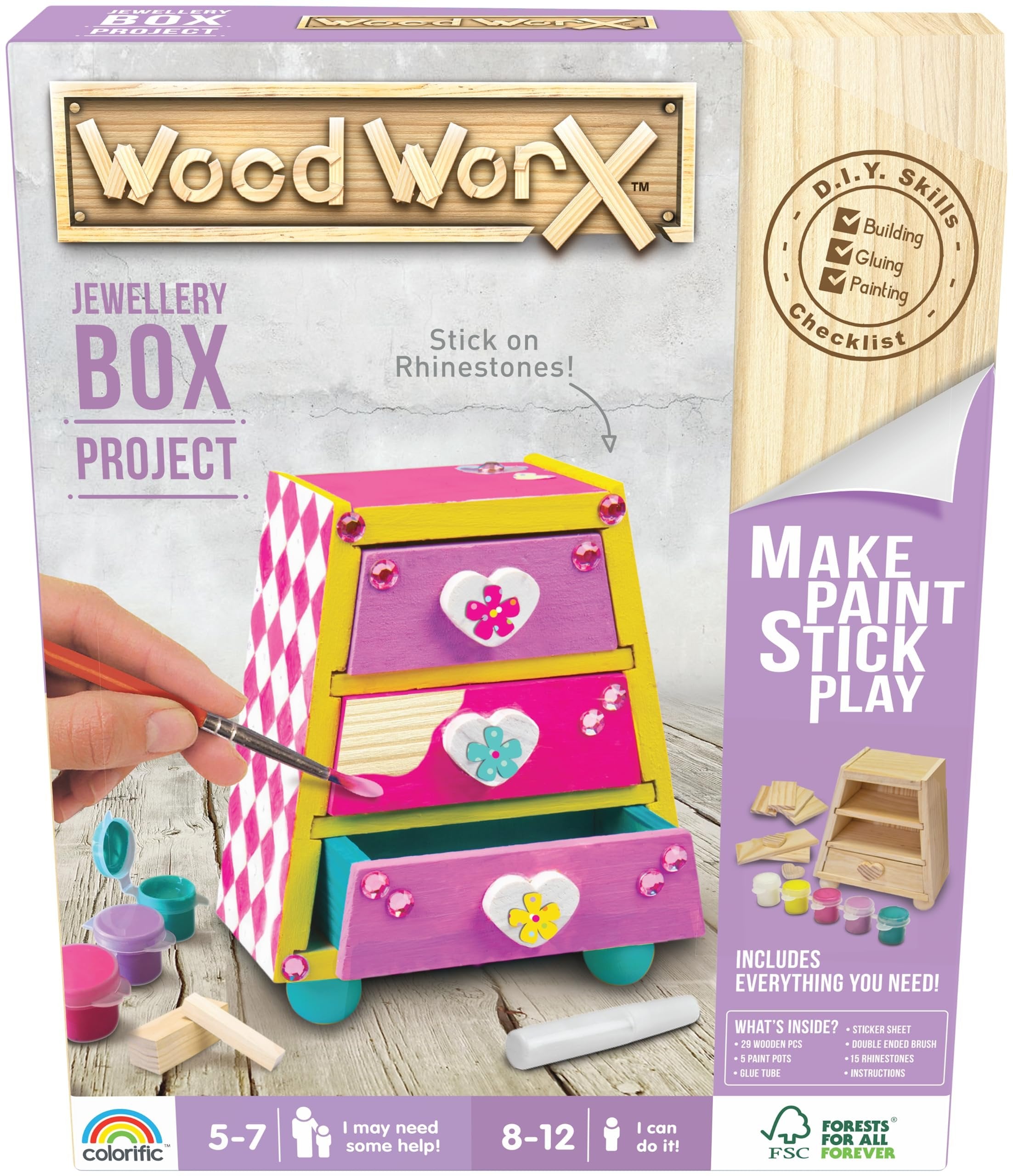 Goliath Wood Worx Jewellery Box Project - Make, Paint, Stick, Play - Wood Craft Kit
