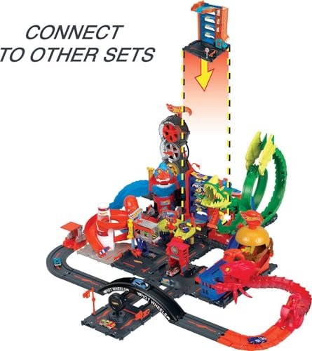 Hot Wheels City Toy Car Track Set, Downtown Car Park Playset with 1:64 Scale Vehicle, 4 Levels, Working Lift & Exit Chute
