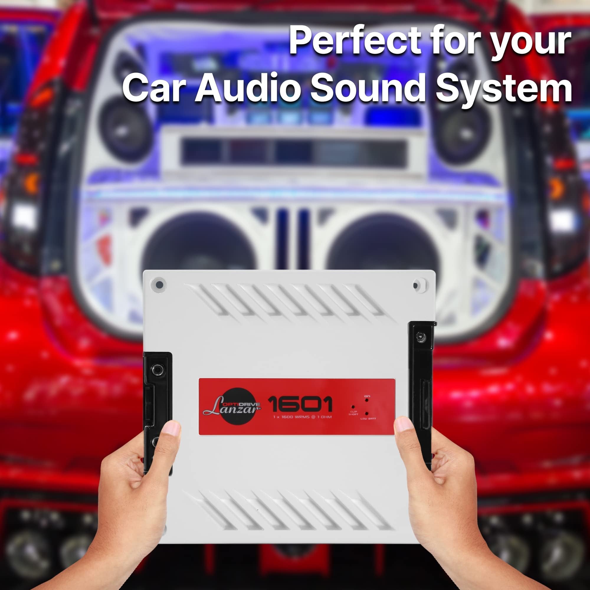 Jovial One Channel Car Audio Mono Amplifier, 2300 Watt Max @ 1 Ohm High-Powered Mono Car Amplifier with with Bass Boost High Pass Filter and Low Pass Filter, Cooling Fans, White