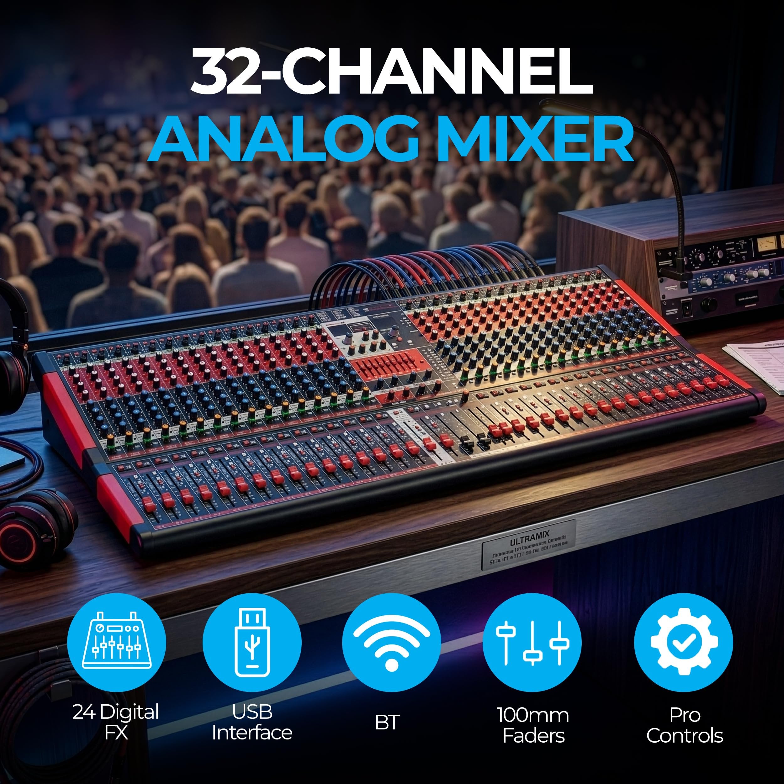 Blastking 32 Channel Analog Mixer Sound Board with 24 Digital Effects, 32 XLR 1/4" Inputs USB Audio Interface, Bluetooth, Music Studio Equipment for Live Stage and Pro Audio Recording - ULTRAMIX324FX