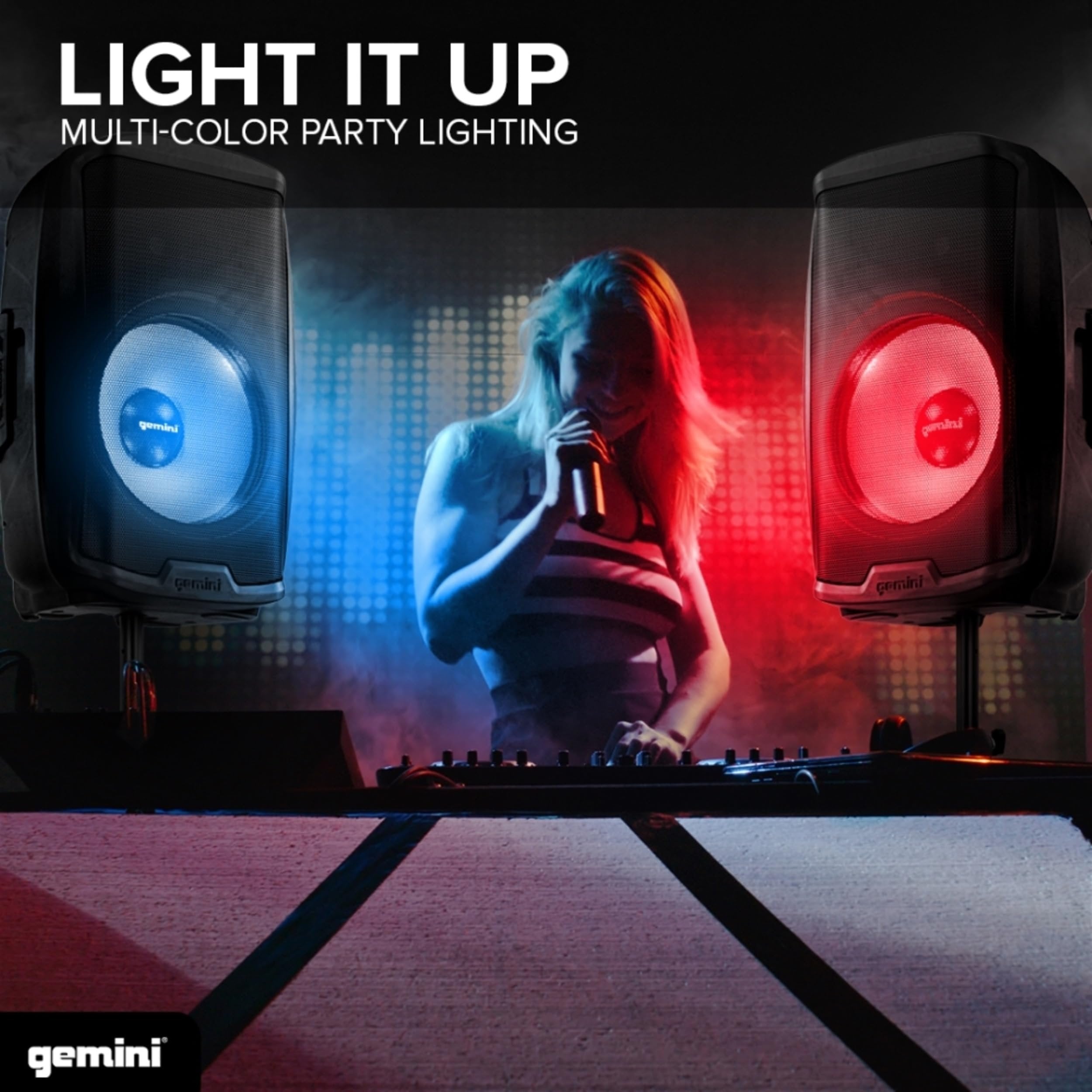 Gemini Sound AS-2115BT-LT-PK 2000 Watt LED LIT 15 Inch Woofer Professional Active Bluetooth DJ PA Speaker, Stand, Mic and Remote Set with Onboard 3-Channel. TWS Stereo Pairing/Linking Pro Fly Points