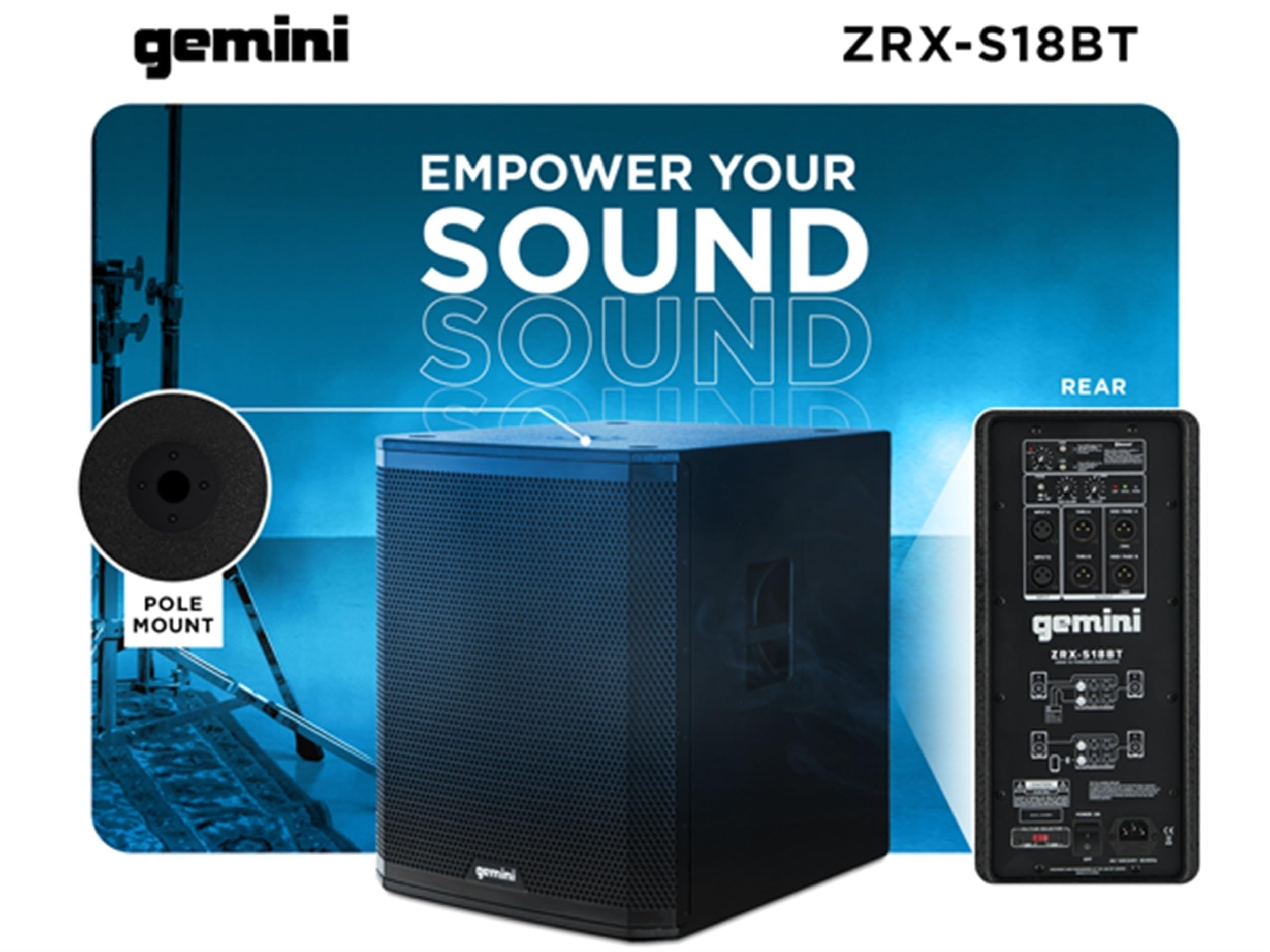Gemini Sound ZRX-S18BT Ultra-High-Power 2400W Peak Bluetooth Subwoofer - 18in Front Firing, High Excursion for DJ/Outdoor, Portable with XLR, TWS, 600W RMS