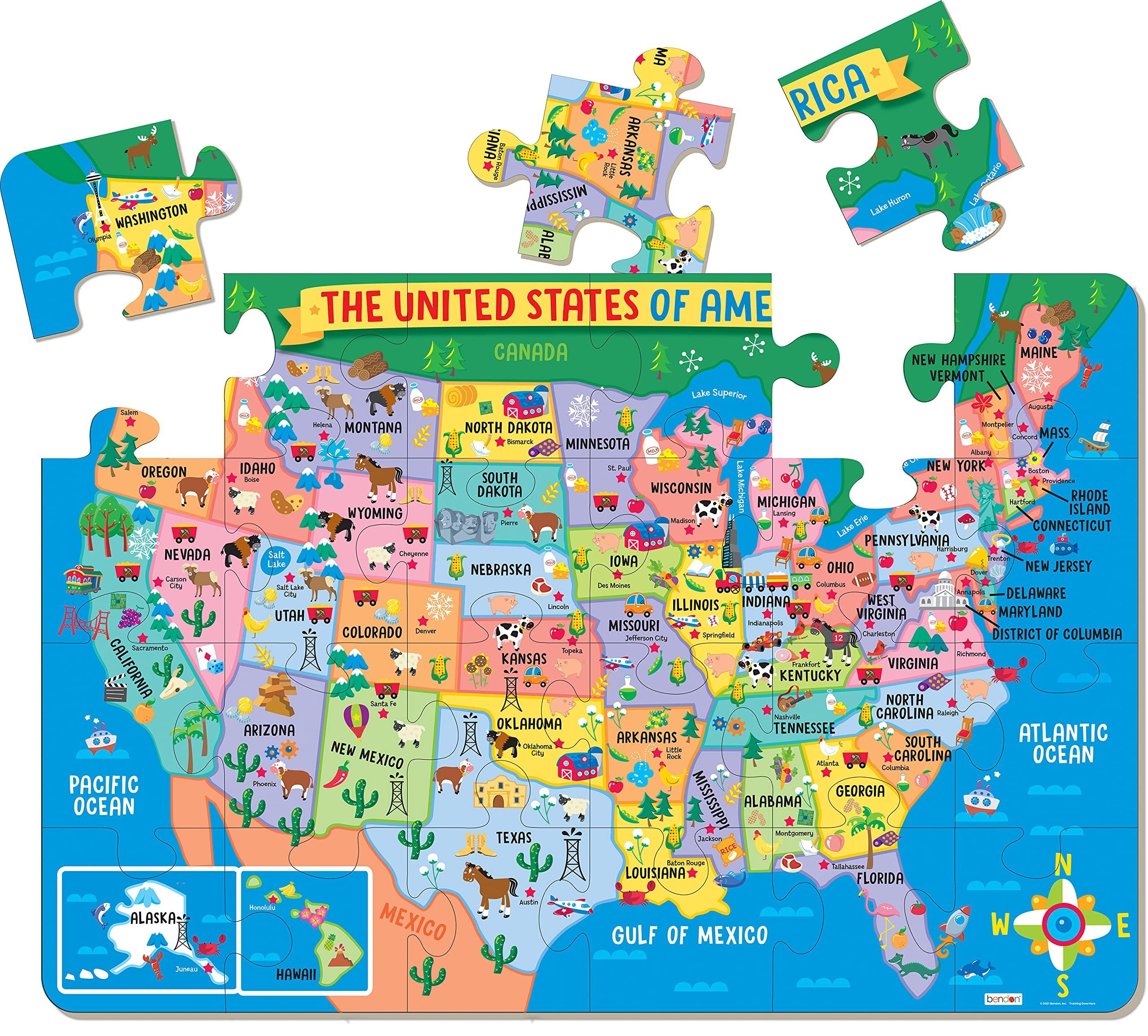 Bendon United States of America Map Jumbo Jigsaw Floor Puzzle (24 pcs, 3 x 2 feet Long) - Kids Map Puzzles, Large Floor Puzzles for Preschoolers and Kids Ages 3+