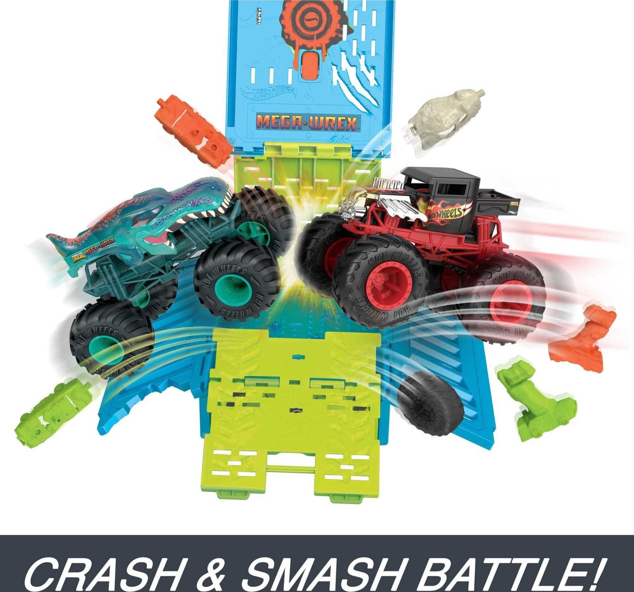 Hot Wheels Toy Monster Trucks 1:24 Scale Mega-Wrex in a Crash Cage, Oversized Storage Case Transforms into Stunting Area with 4 Crushable Accessories