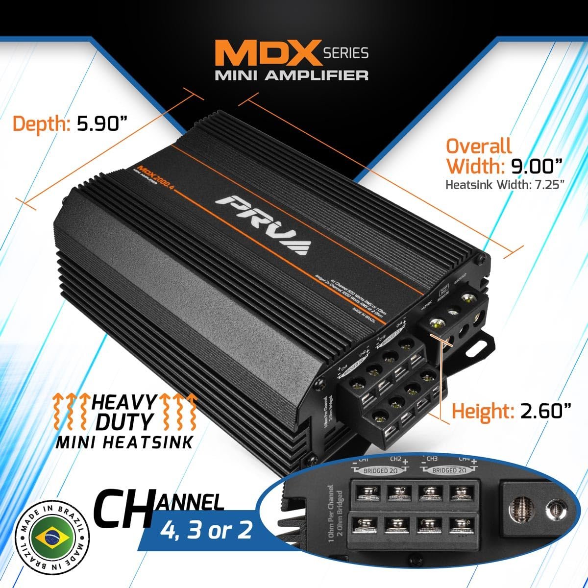 PRV Audio MDX2000.4 1 Ohm Mini 4 Channel Car Audio Amplifier 4 x 500 Watts RMS at 1 Ohm - 2000 Watt 12 Volts Bridgeable Amp for Powersports, Motorcycles, ATV, for High Power Stereo Speaker Systems
